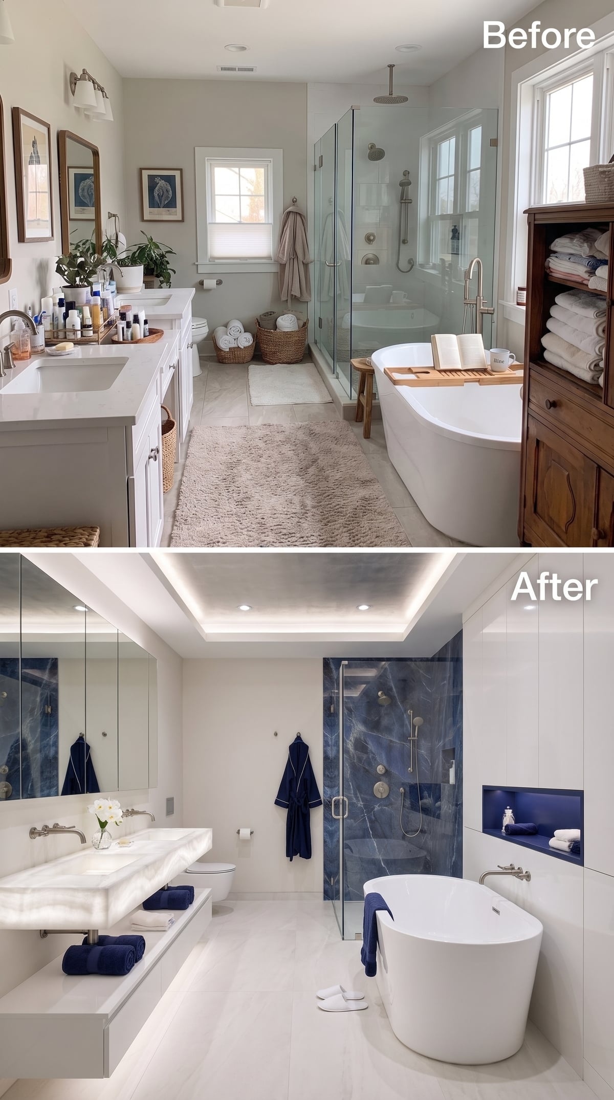 Before-and-after bathroom with blue marble shower, floating white vanity, and cove lighting