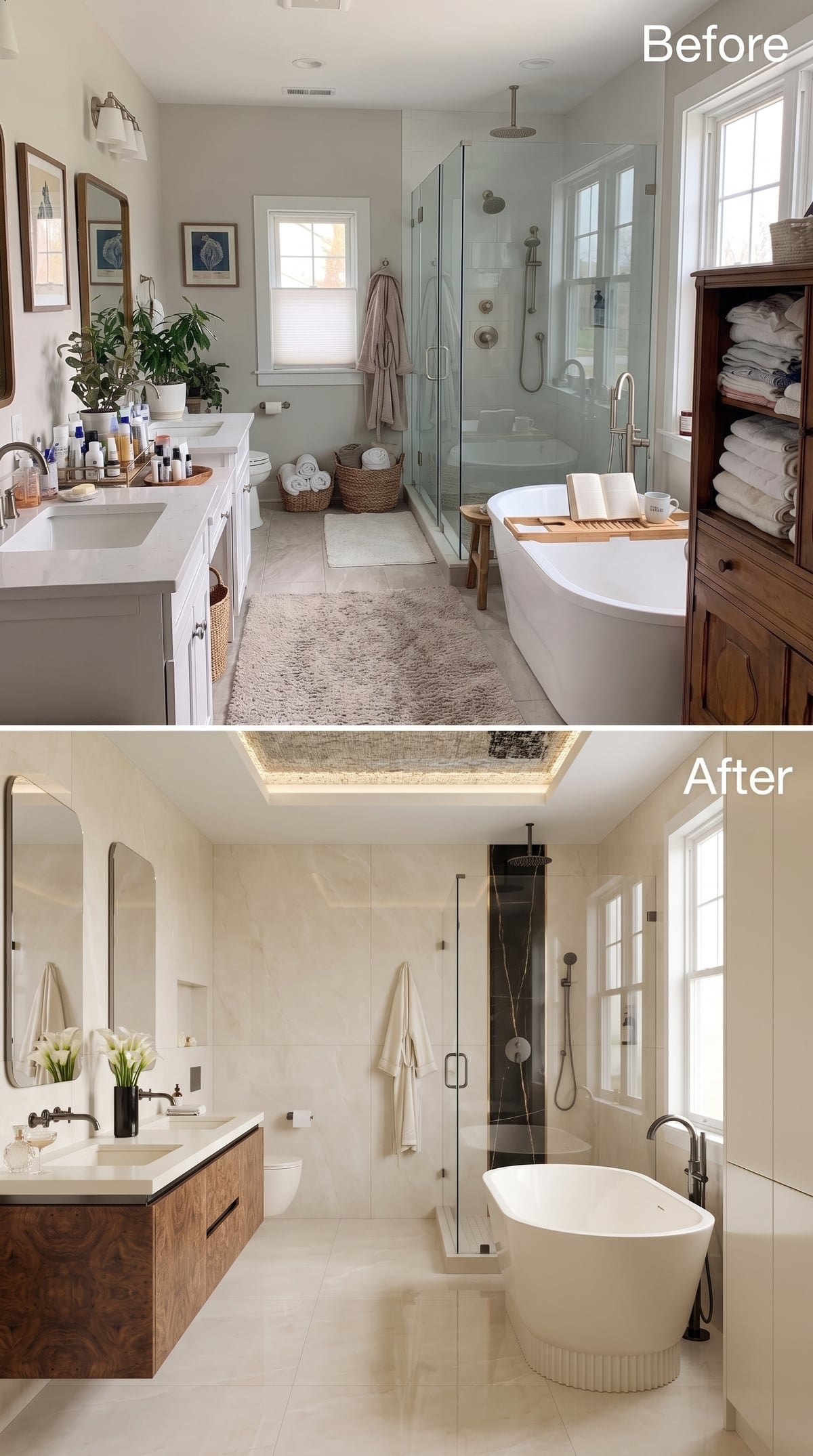 Before-and-after bathroom with burl wood floating vanity and cream stone surfaces