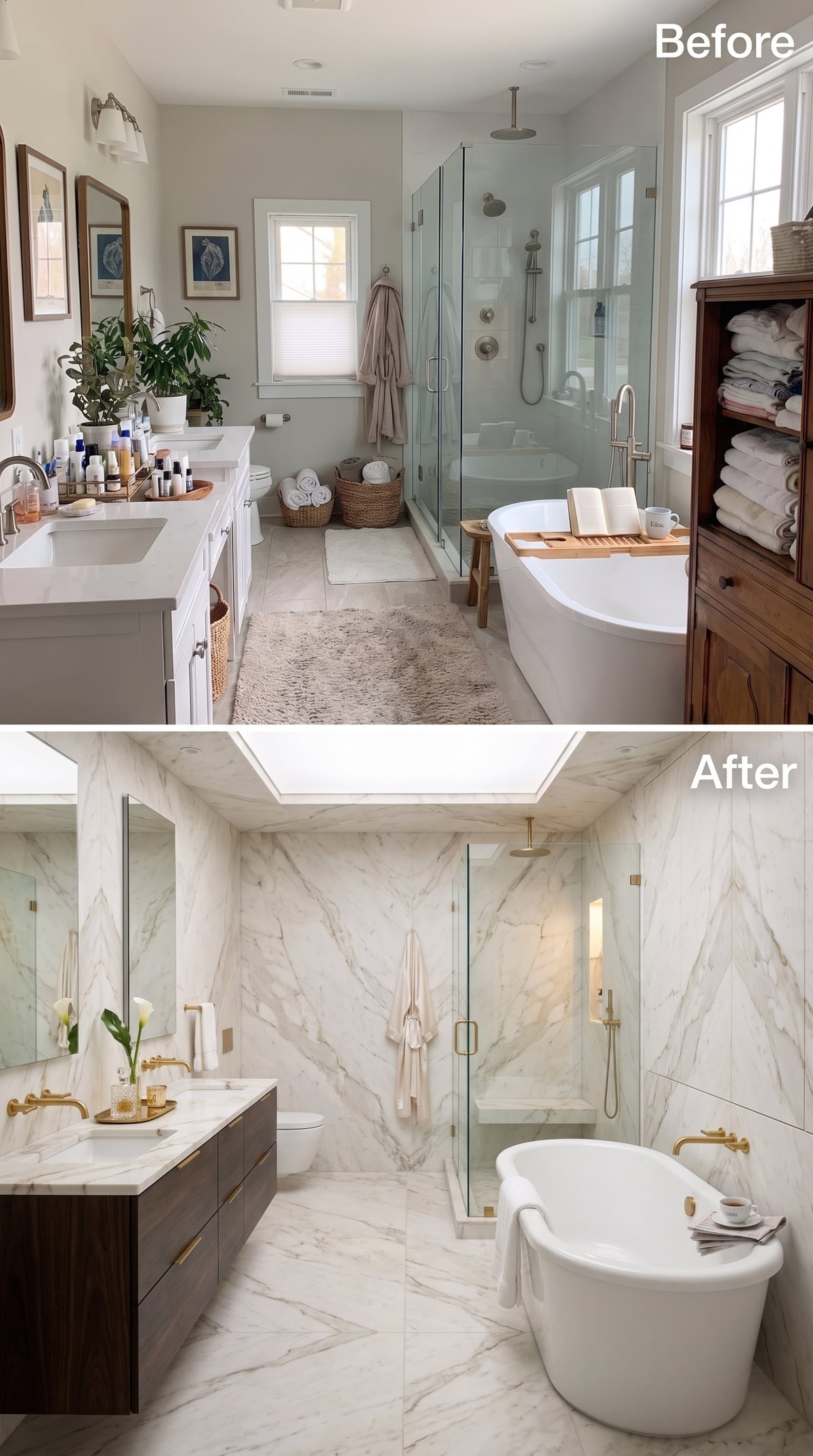 Before-and-after Calacatta marble bathroom with herringbone floor, brass fixtures, and skylight
