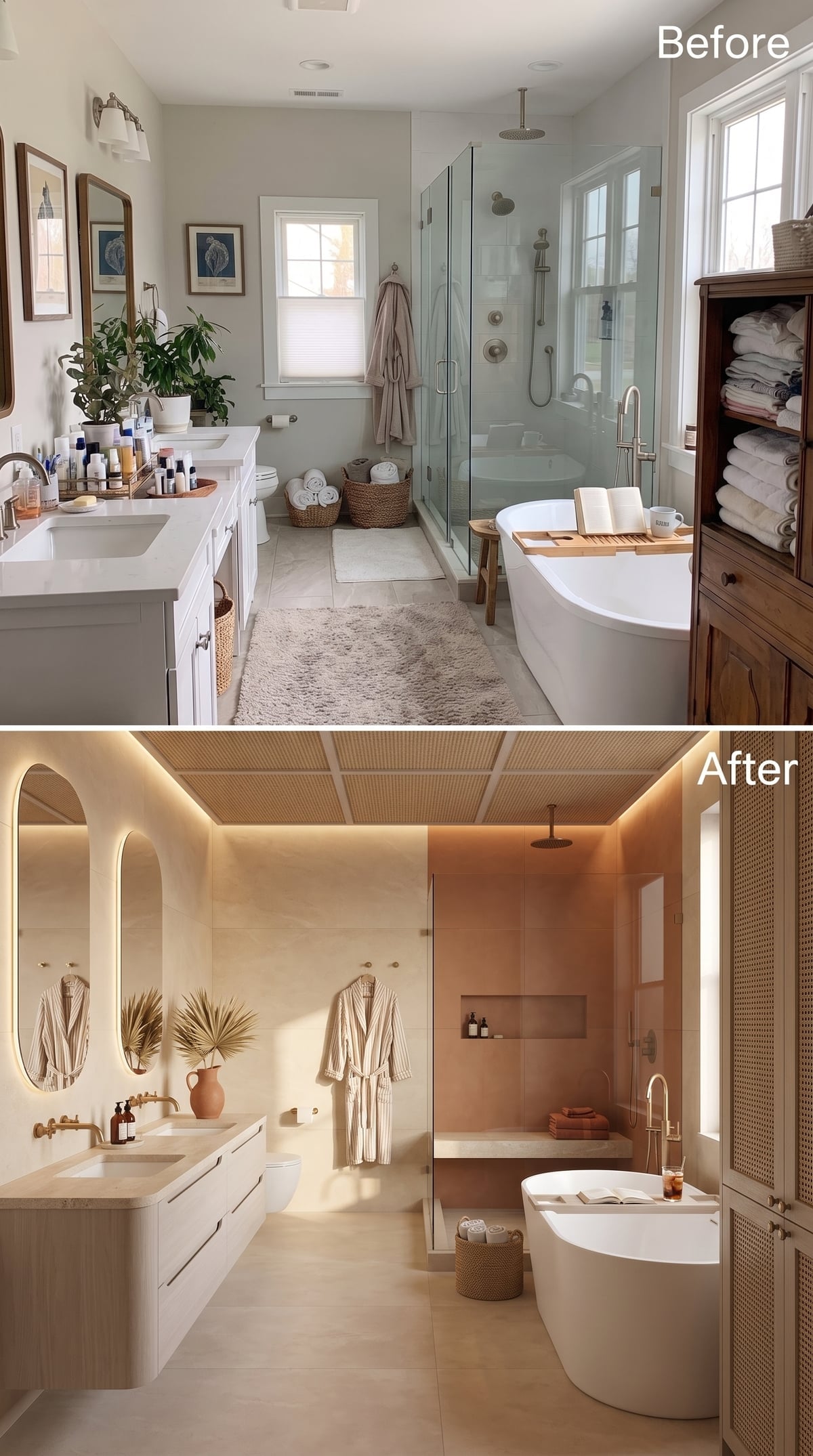 Before-and-after bathroom with cane ceiling, terracotta plaster, and illuminated oval mirrors