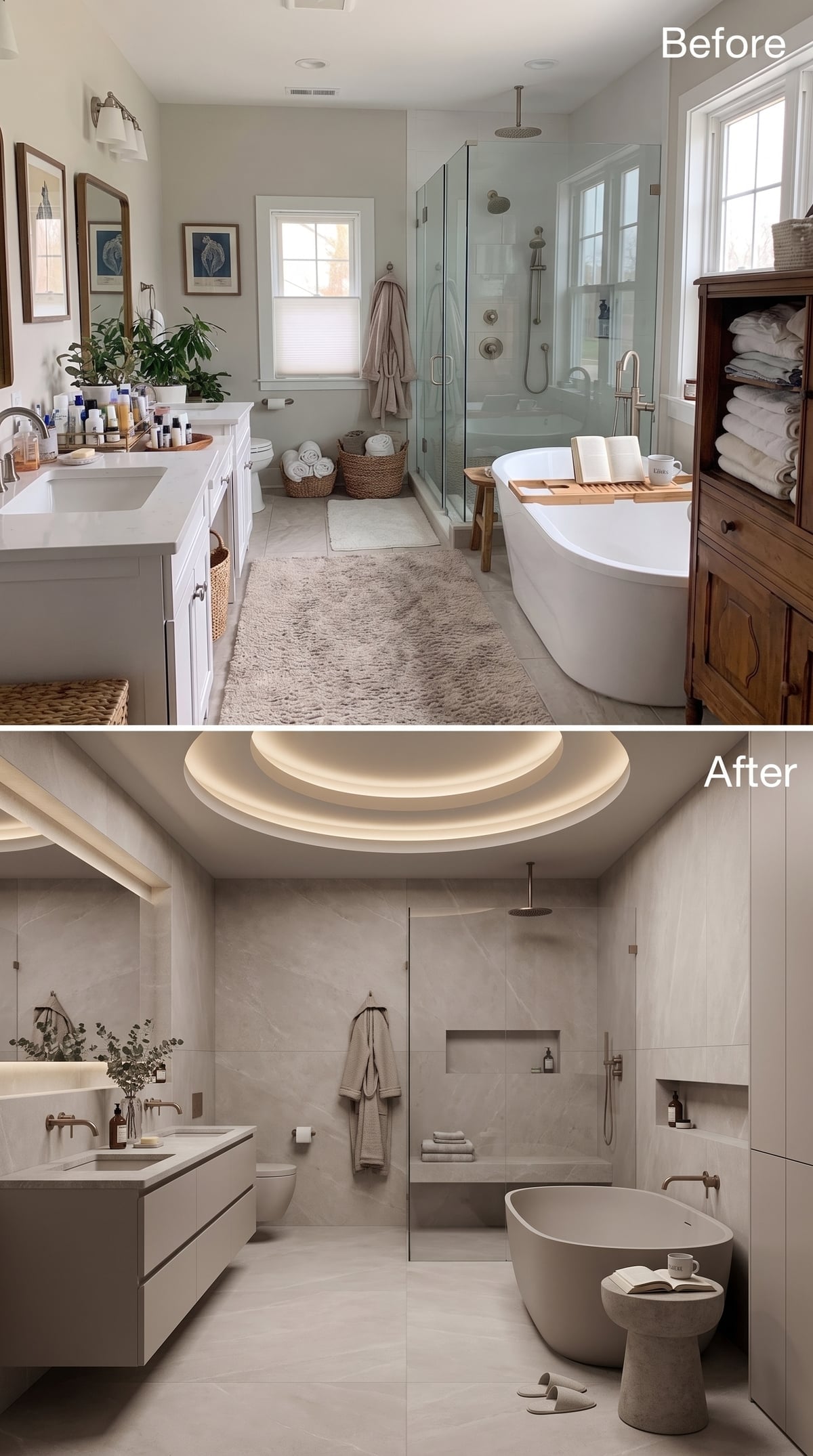 Before-and-after stone bathroom with circular illuminated ceiling and freestanding tub