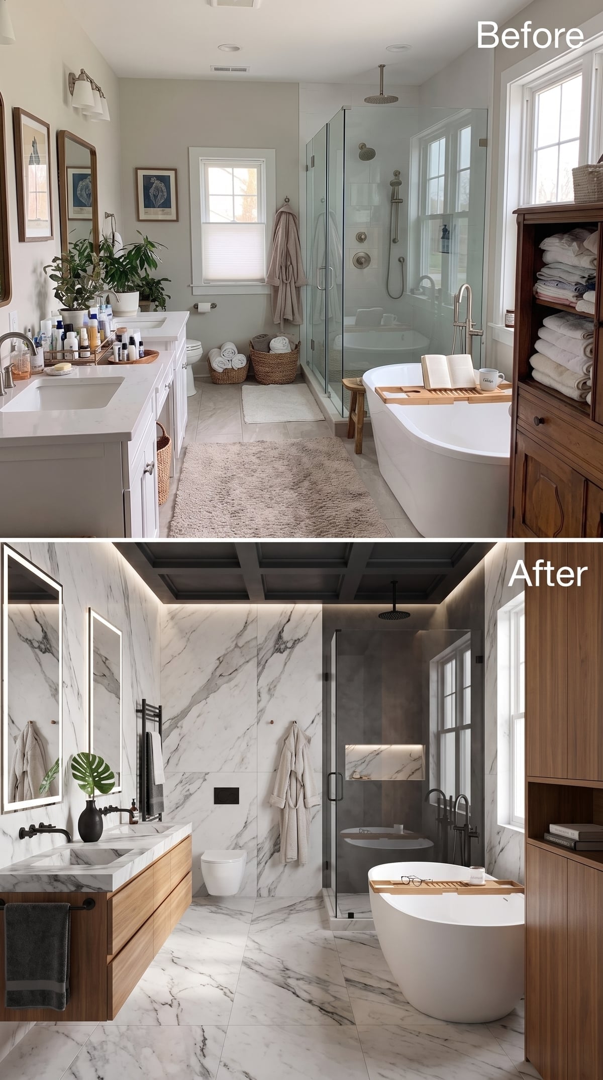 Before-and-after marble bathroom with dark wood coffered ceiling and floating vanity