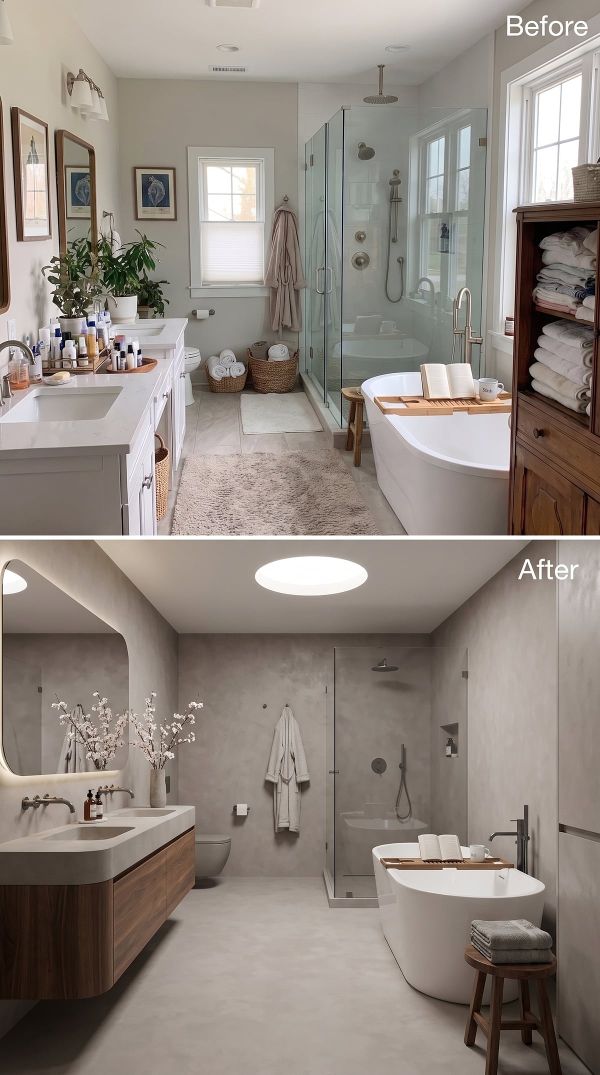 Before-and-after minimalist bathroom with circular skylight, microcement surfaces, and floating walnut vanity