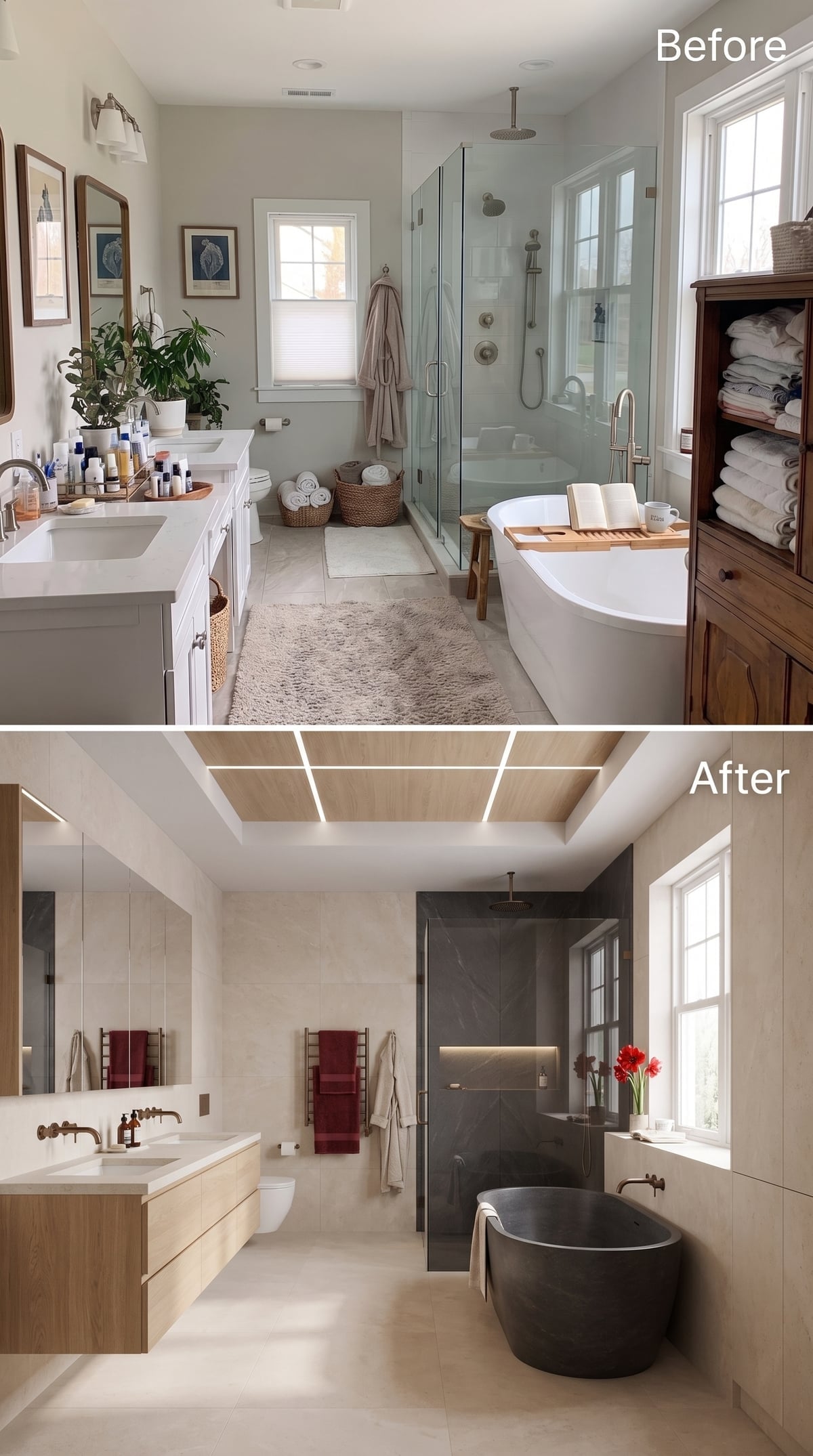 Before-and-after bathroom with charcoal soaking tub, pale wood vanity, and dark marble shower