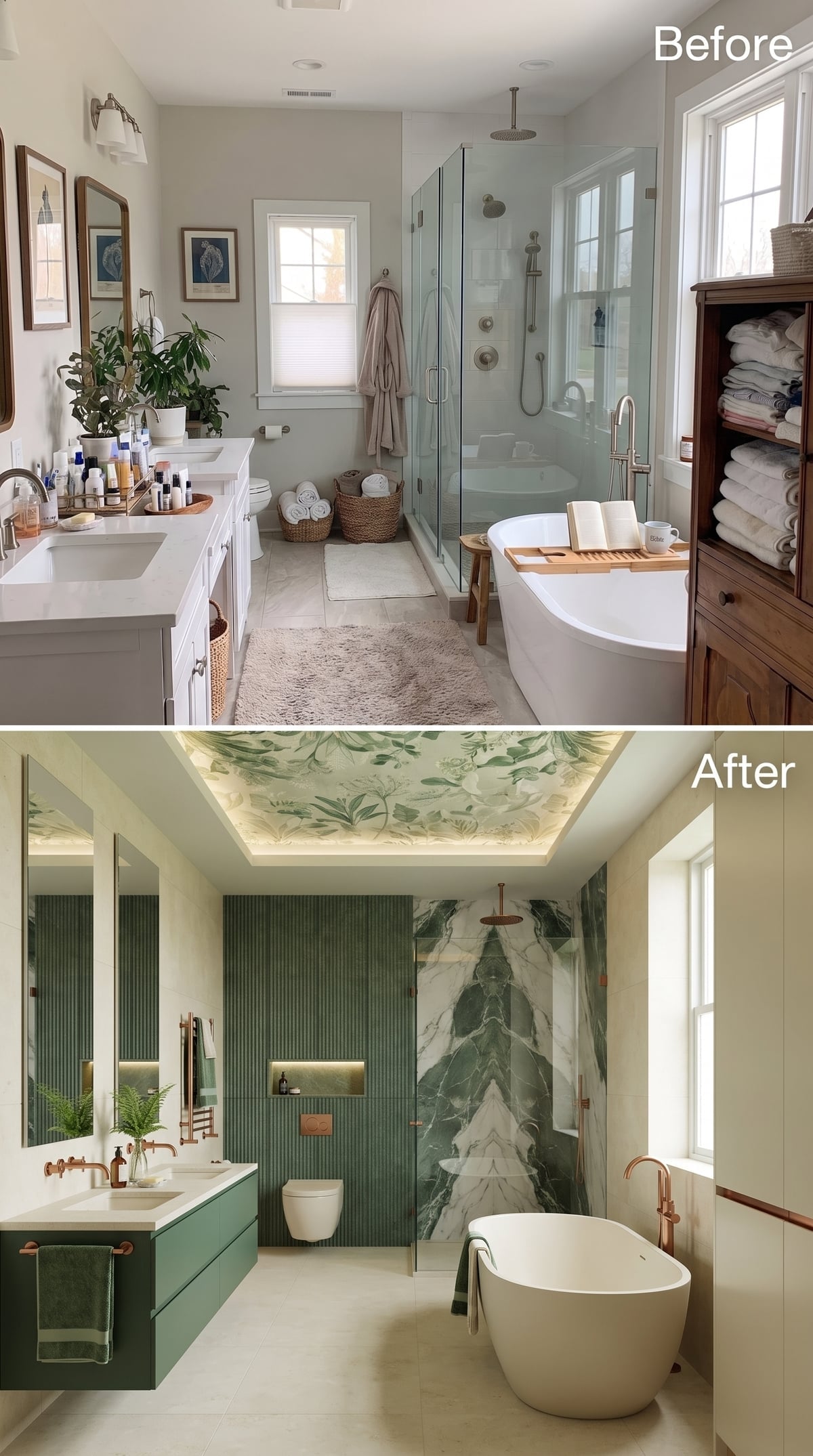 Before-and-after bathroom with sage fluted tile, green marble, and botanical ceiling