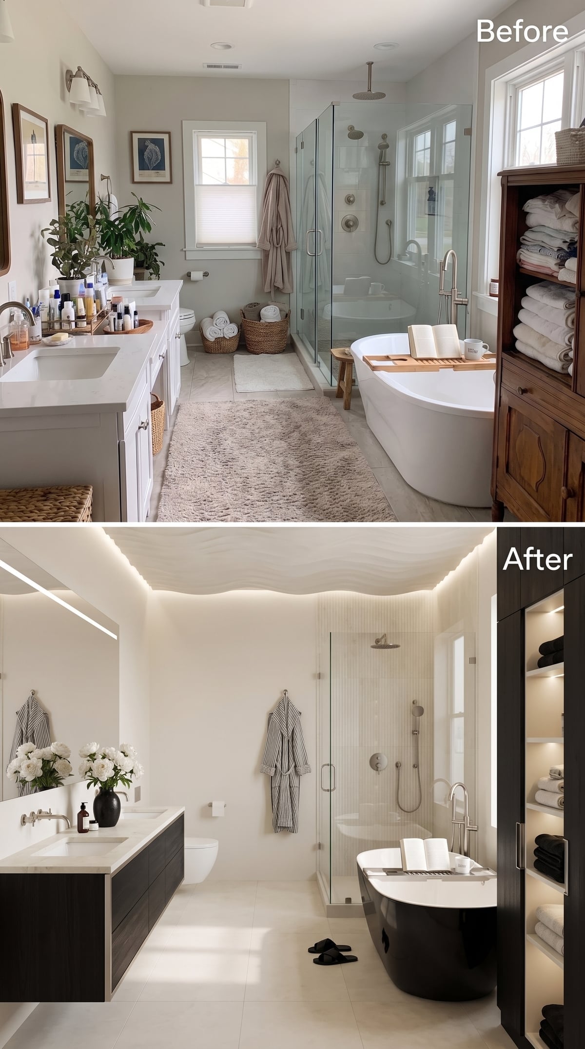 Before-and-after bathroom with white fluted walls, black soaking tub, and sculptural ceiling lighting