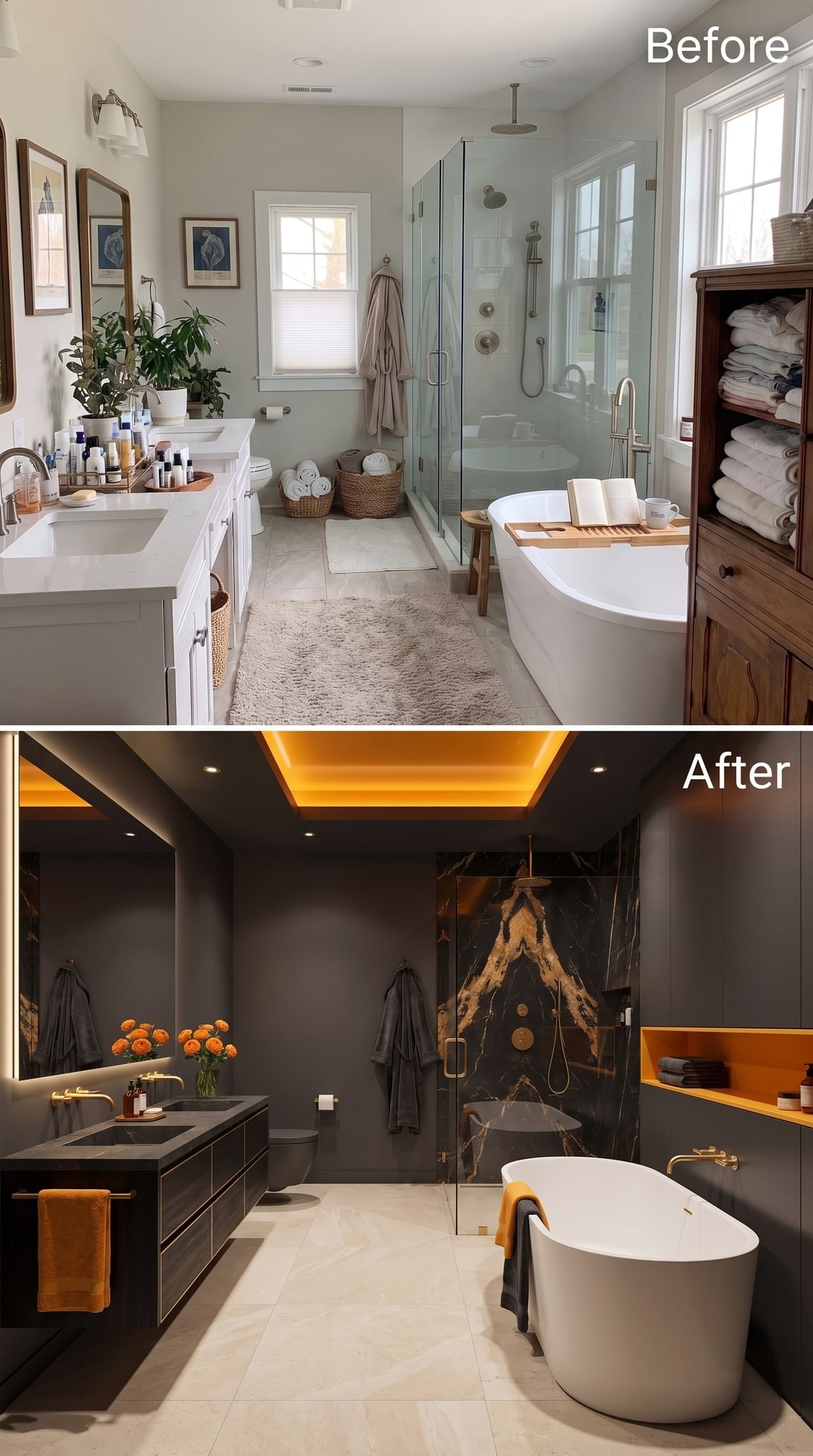 Before-and-after charcoal bathroom with black-and-gold marble shower and amber lighting
