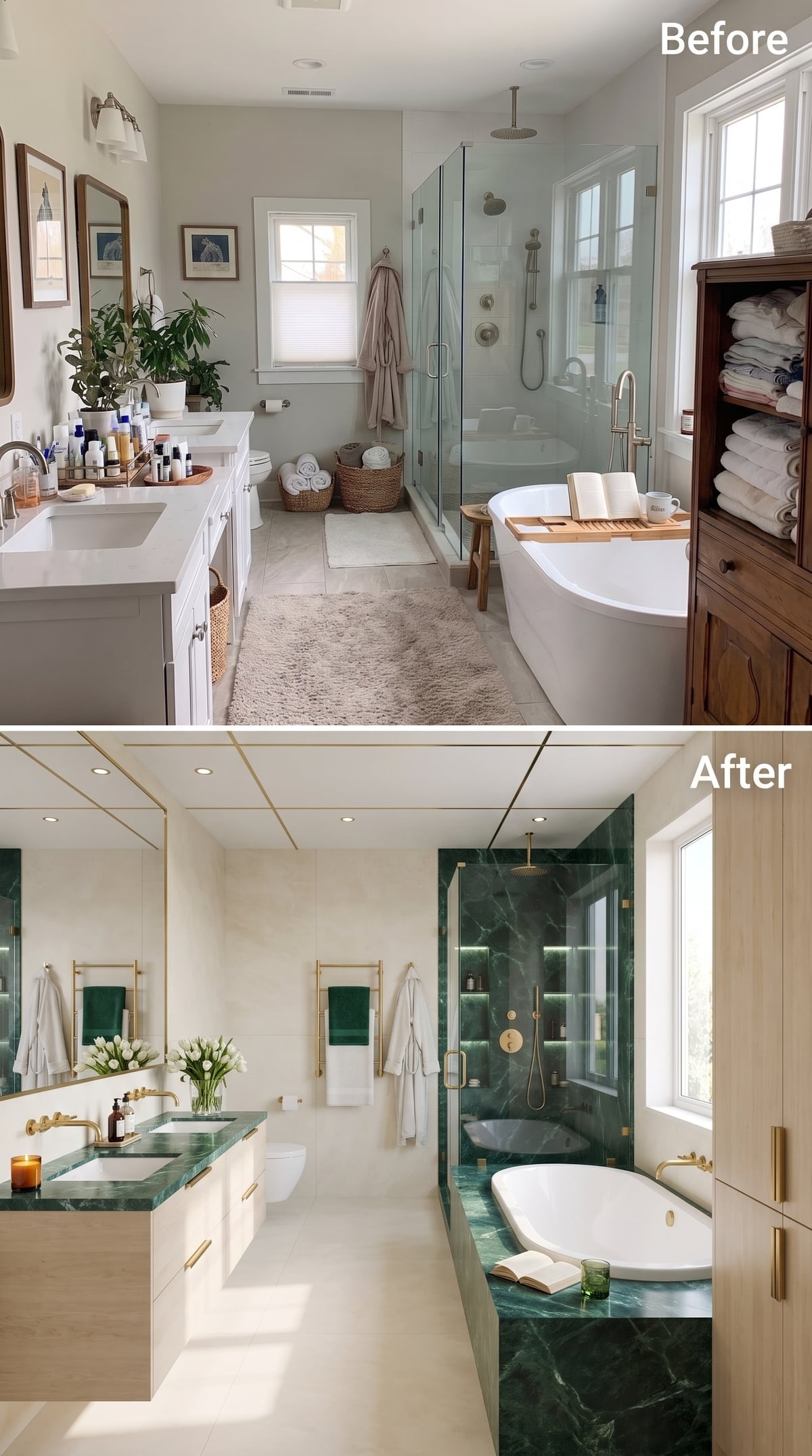 Before-and-after emerald marble bathroom with brushed gold fixtures and pale cabinetry