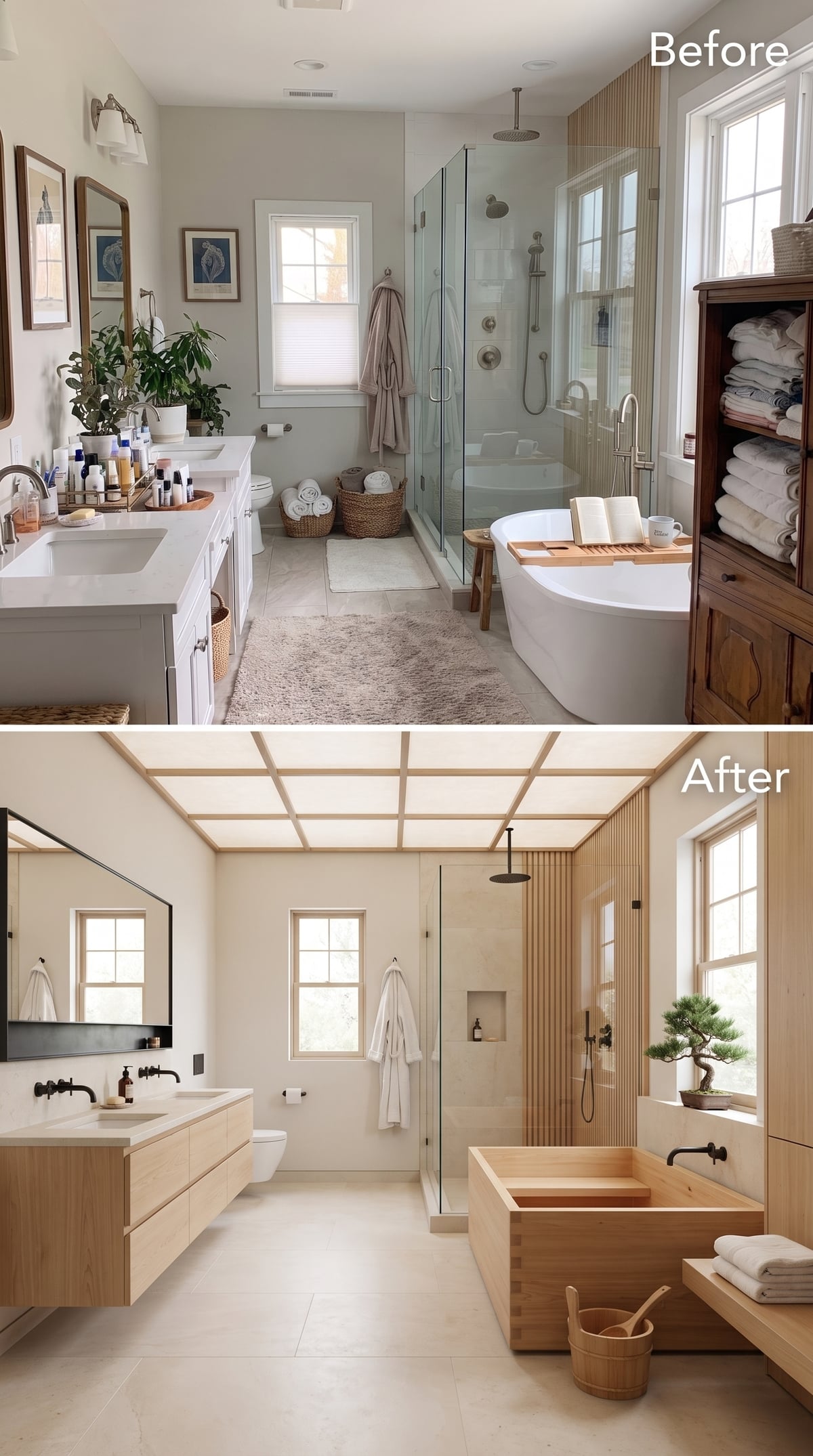 Before-and-after bathroom transformation with cedar soaking tub and luminous shoji-inspired ceiling