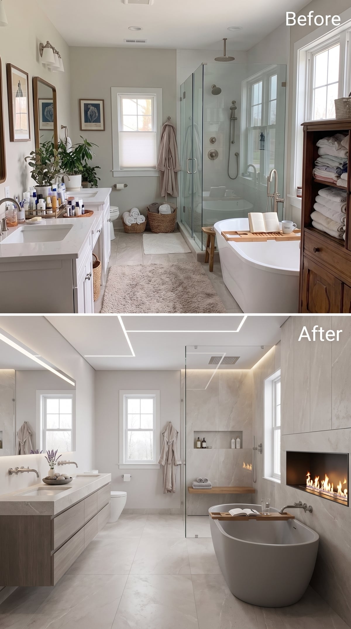 Before-and-after contemporary bathroom with concrete soaking tub and built-in fireplace