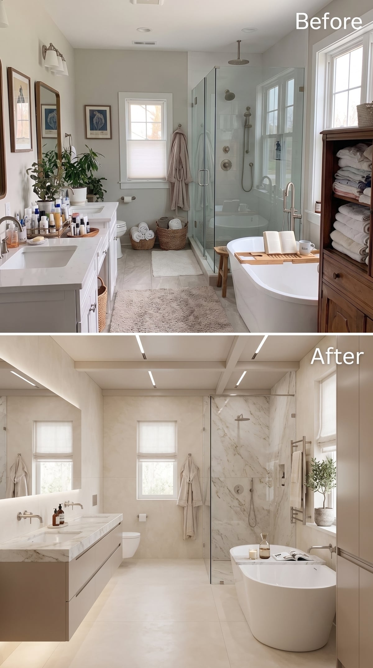Before-and-after white marble bathroom with recessed ceiling lights and floating vanity