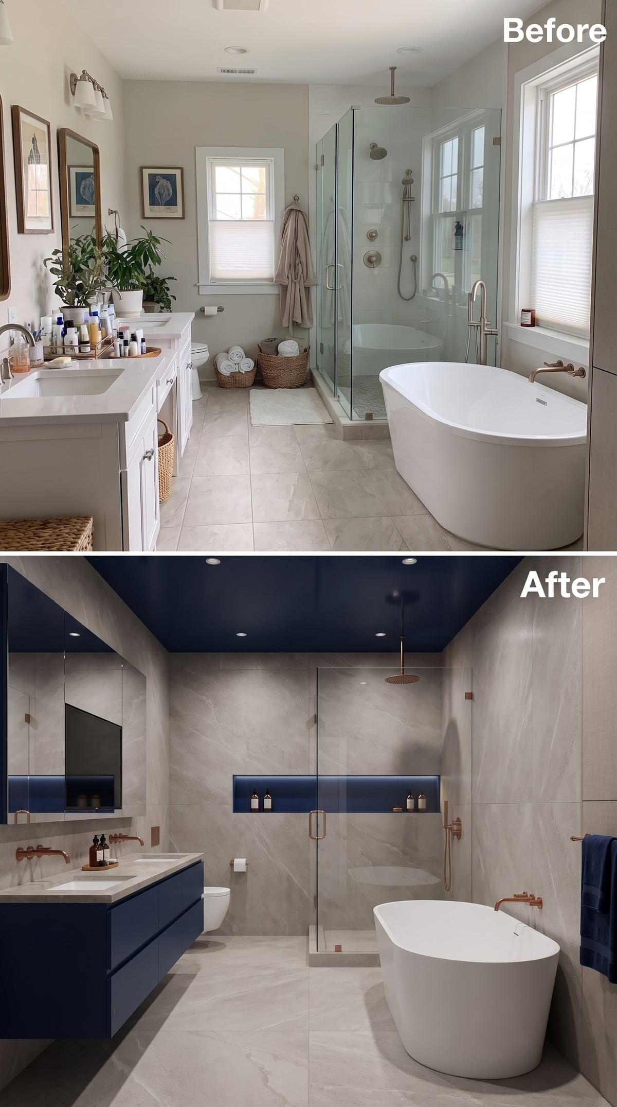 Before-and-after bathroom with glossy navy ceiling, matching vanity, and rose gold fixtures