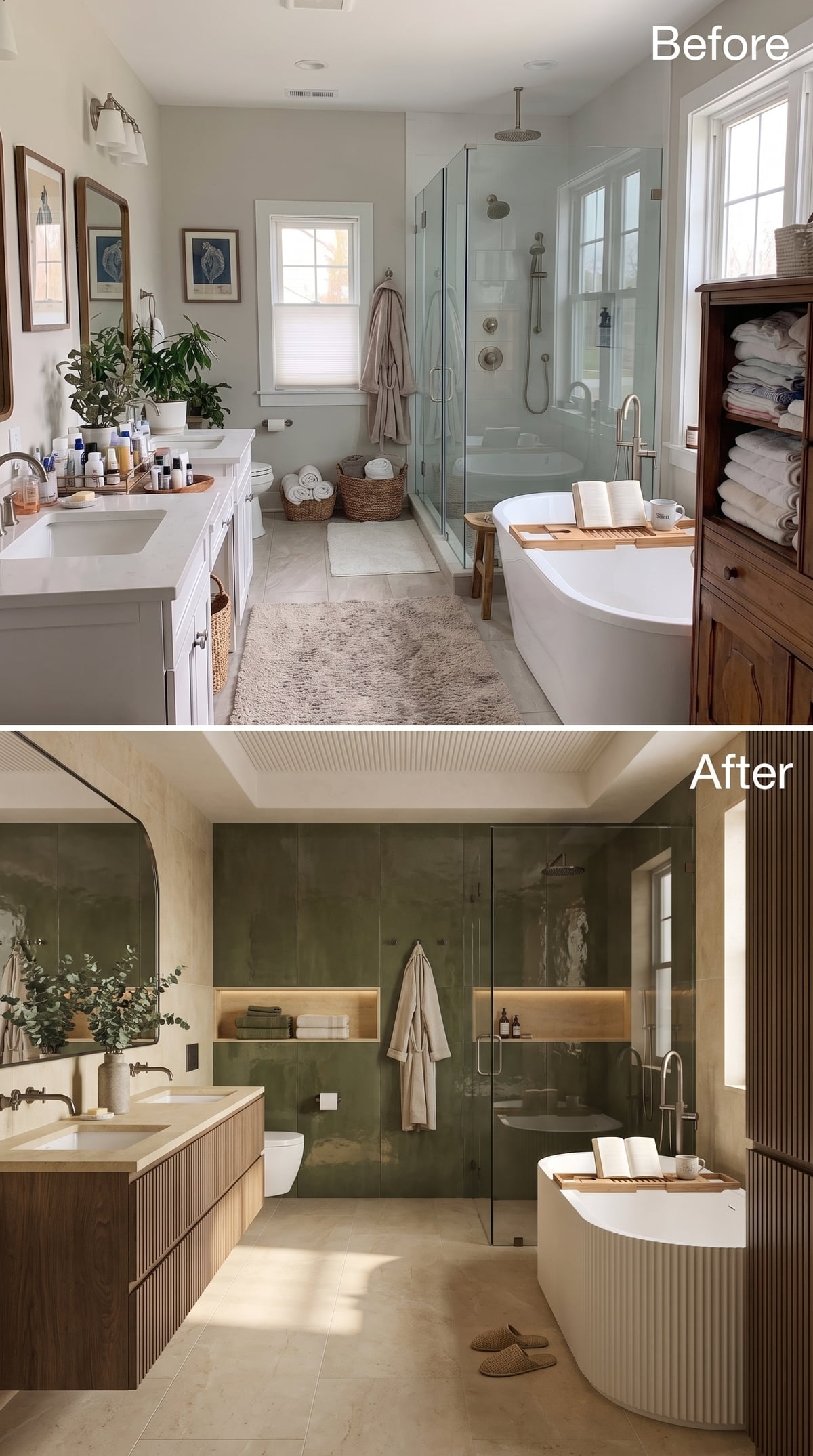 Before-and-after olive zellige bathroom with fluted vanity and ribbed soaking tub