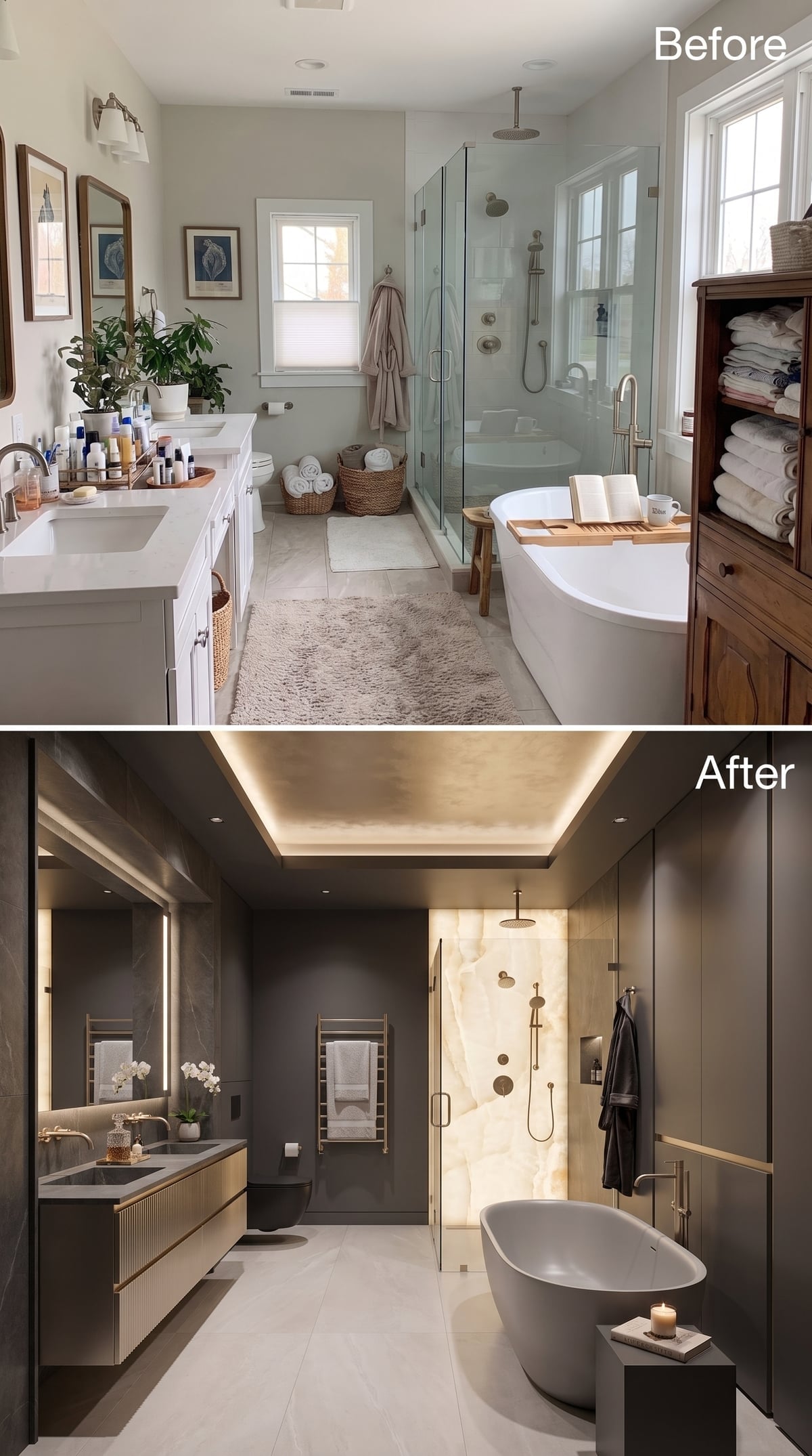Before-and-after charcoal bathroom transformation with glowing backlit onyx shower wall