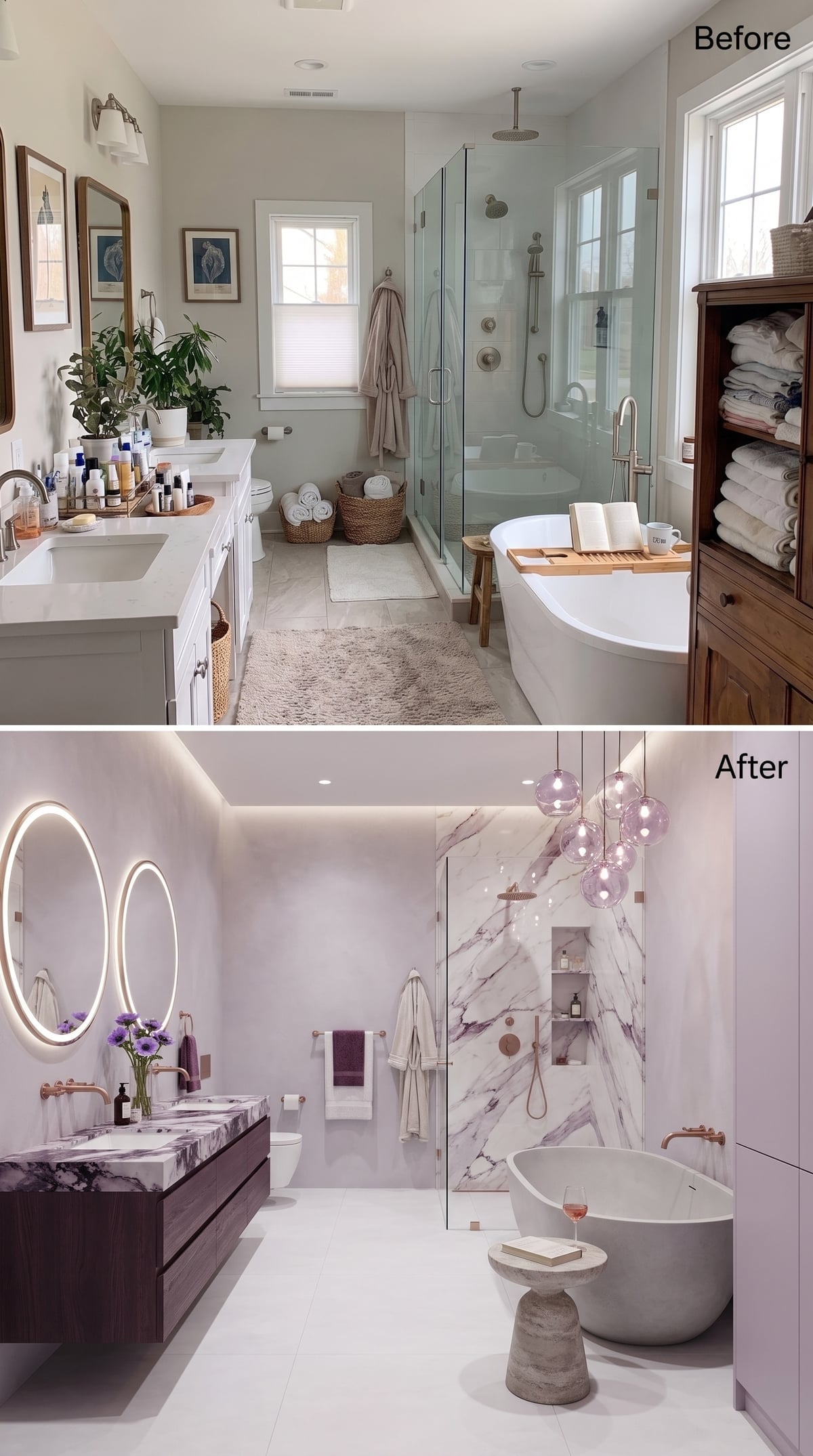 Before-and-after bathroom with purple marble, rose gold fixtures, and pink glass pendants