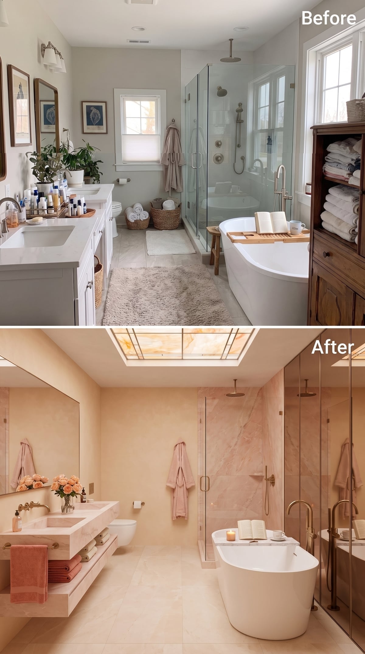 Before-and-after bathroom with blush marble, brass fixtures, and glowing amber ceiling panel