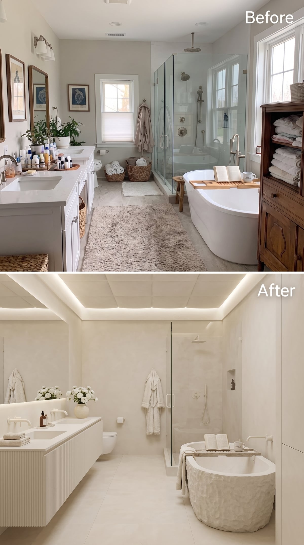 Before-and-after cream plaster bathroom with textured soaking tub and ribbed vanity