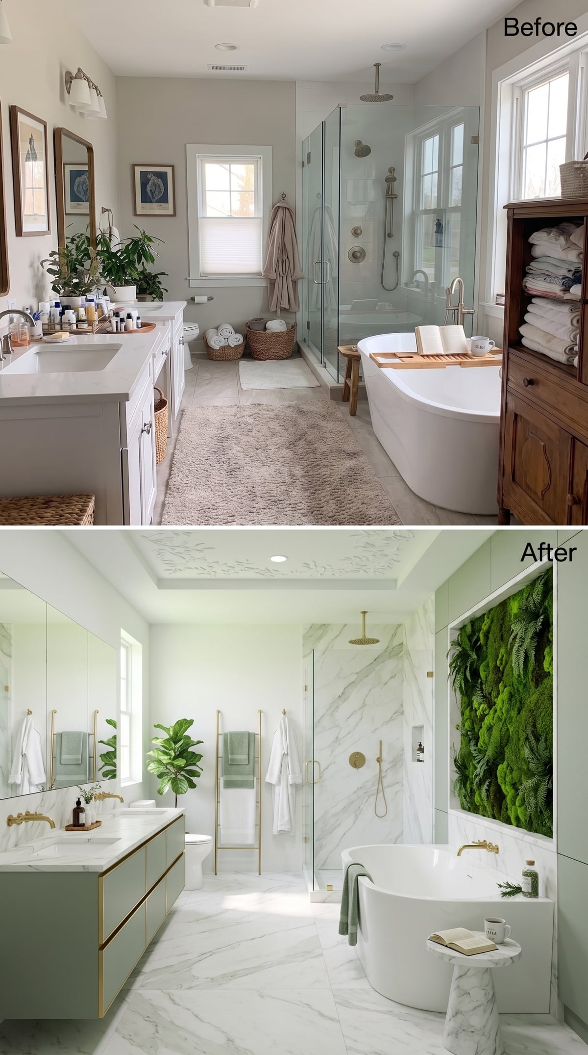 Before-and-after sage-green bathroom with brass fixtures and framed moss feature wall
