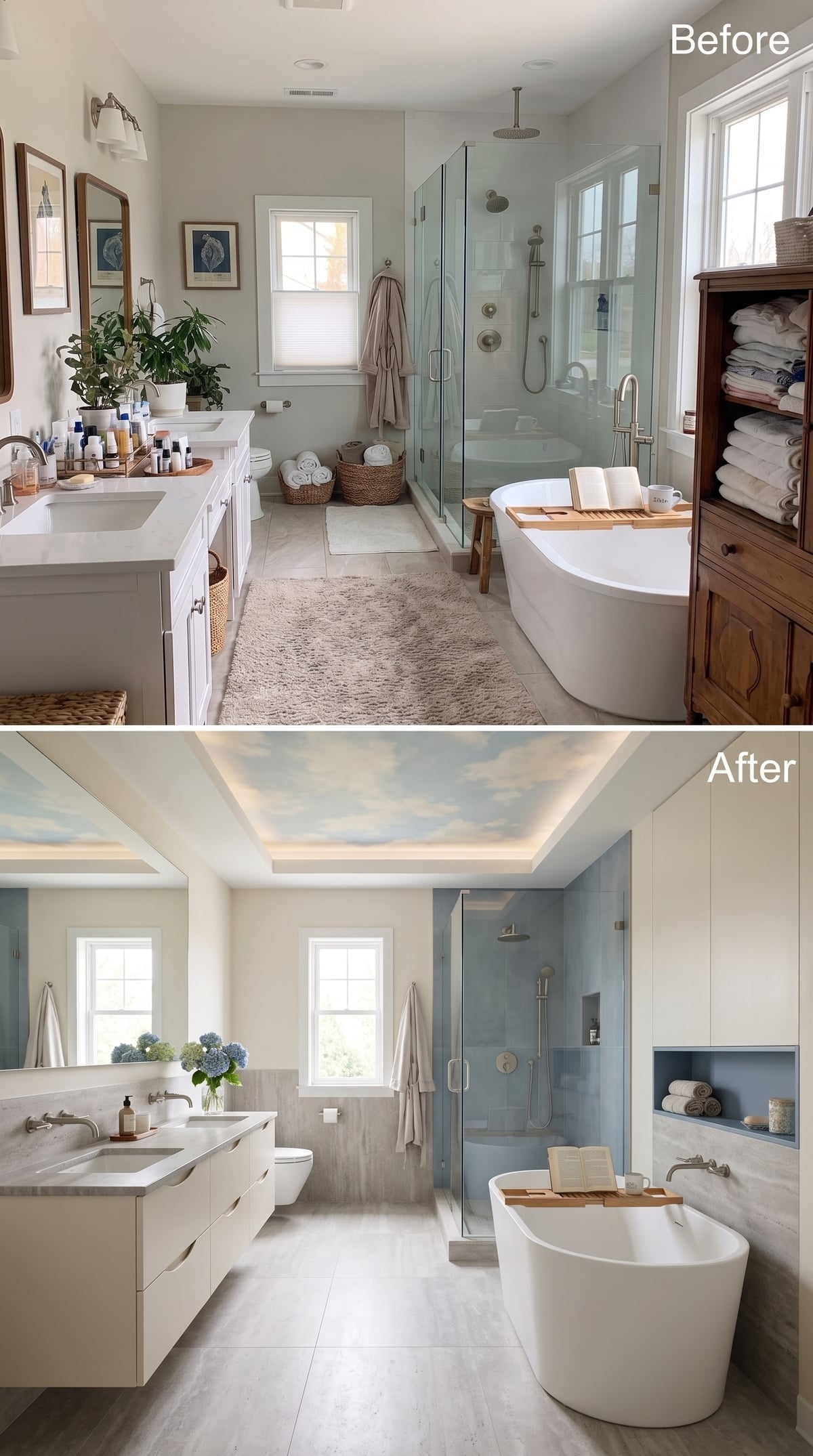 Before-and-after blue bathroom with cloud-painted ceiling and recessed storage niche