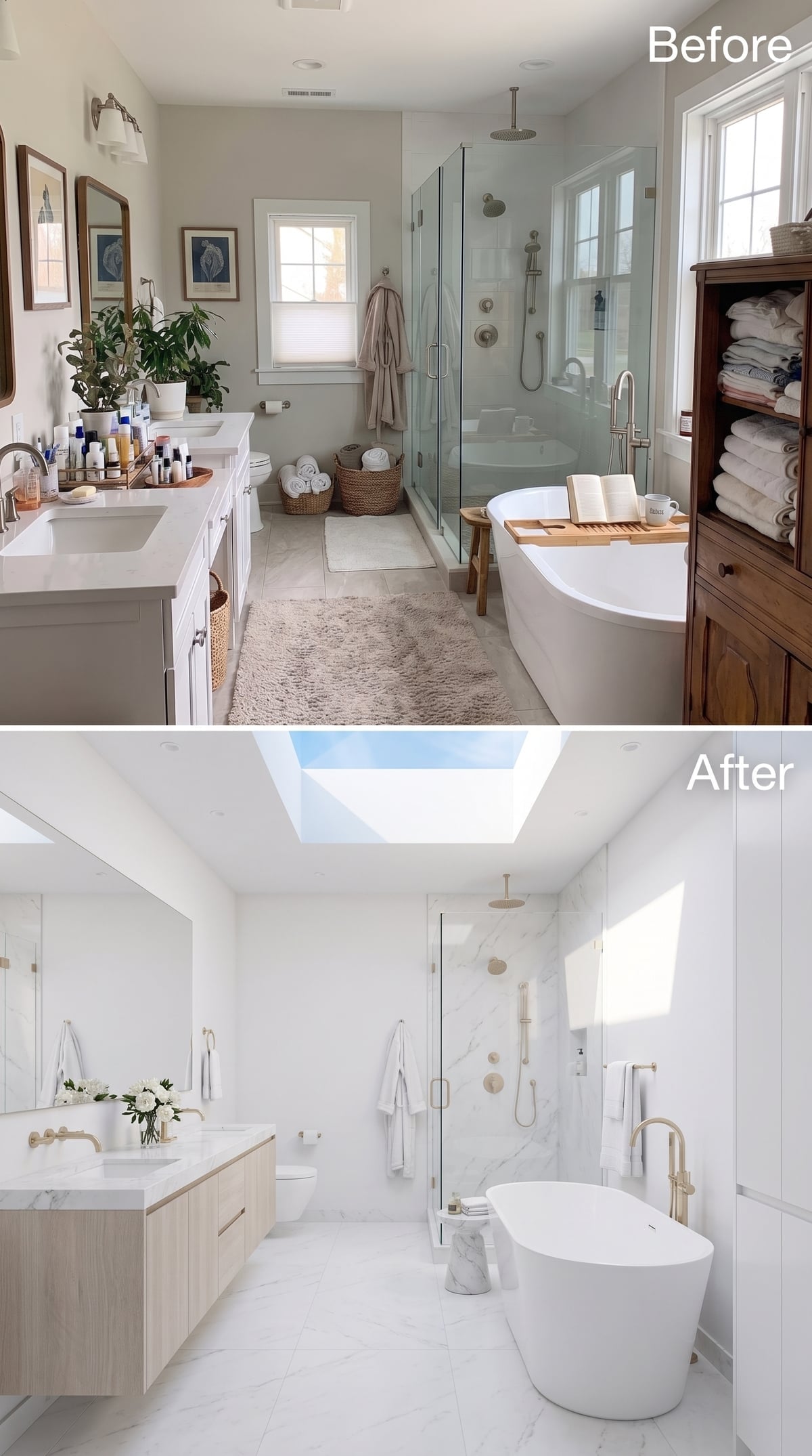 Before-and-after white marble bathroom with skylight and brushed gold fixtures
