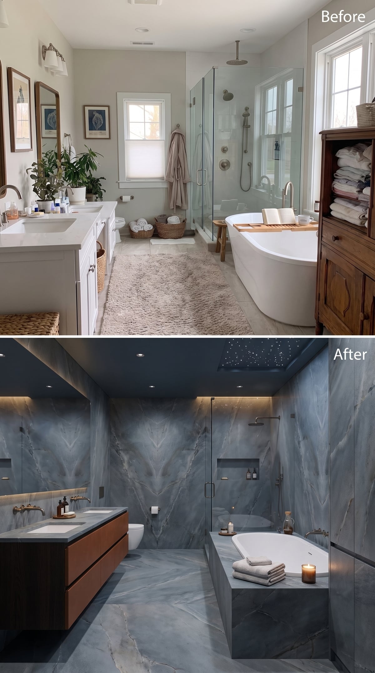 Before-and-after blue-gray marble bathroom with star ceiling and copper vanity drawers
