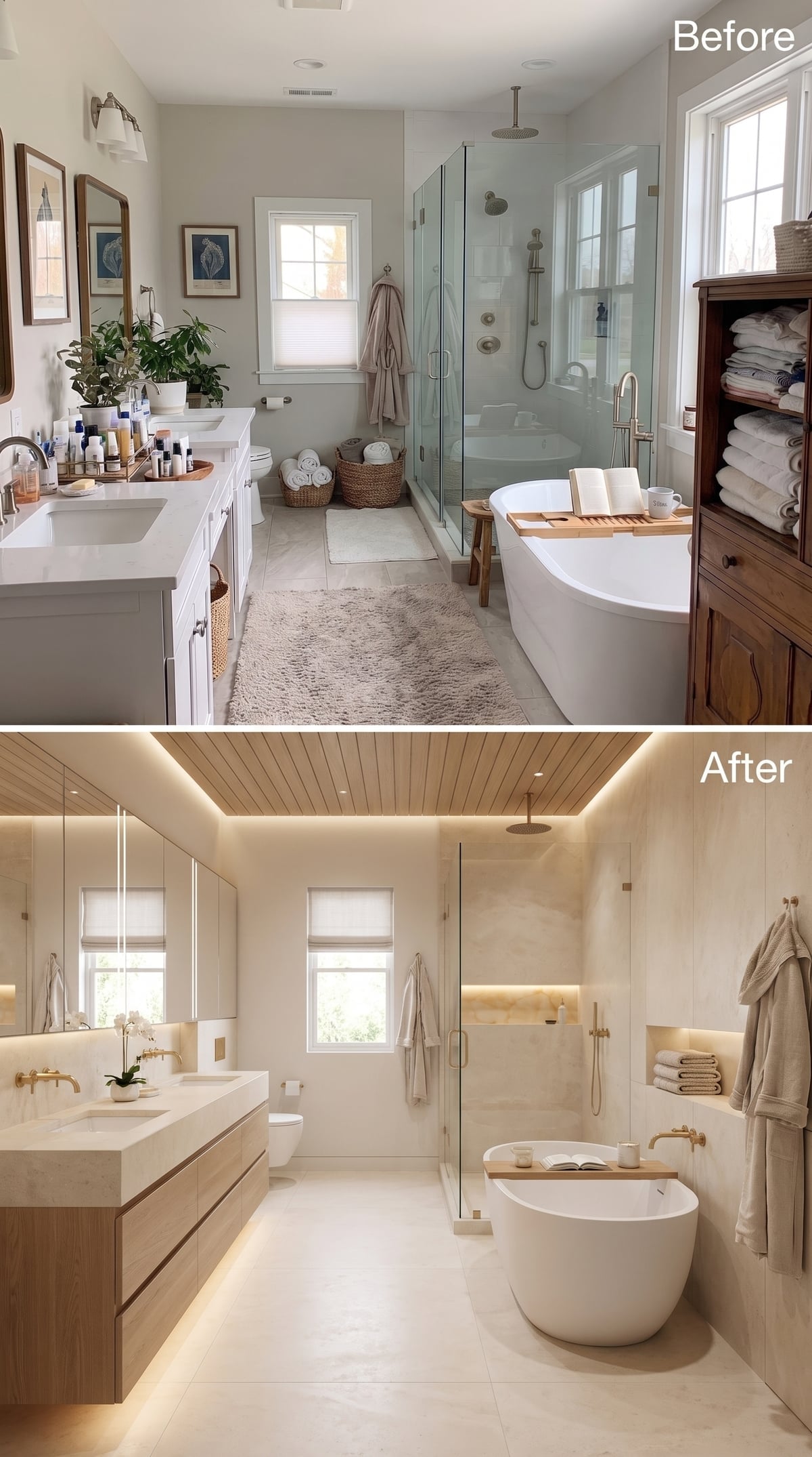 Before-and-after bathroom with slatted wood ceiling, brass fixtures, and warm cove lighting