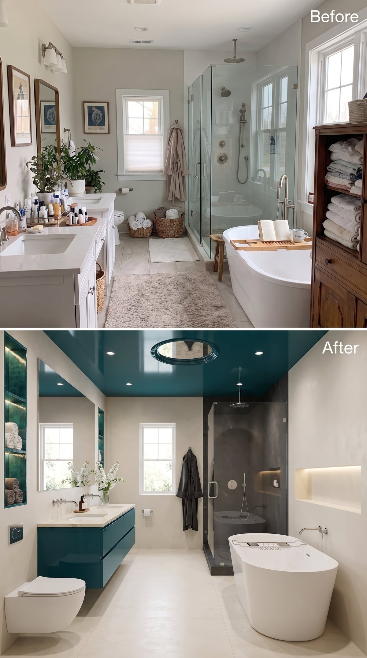 Before-and-after bathroom with lacquered teal ceiling, matching vanity, and illuminated niches