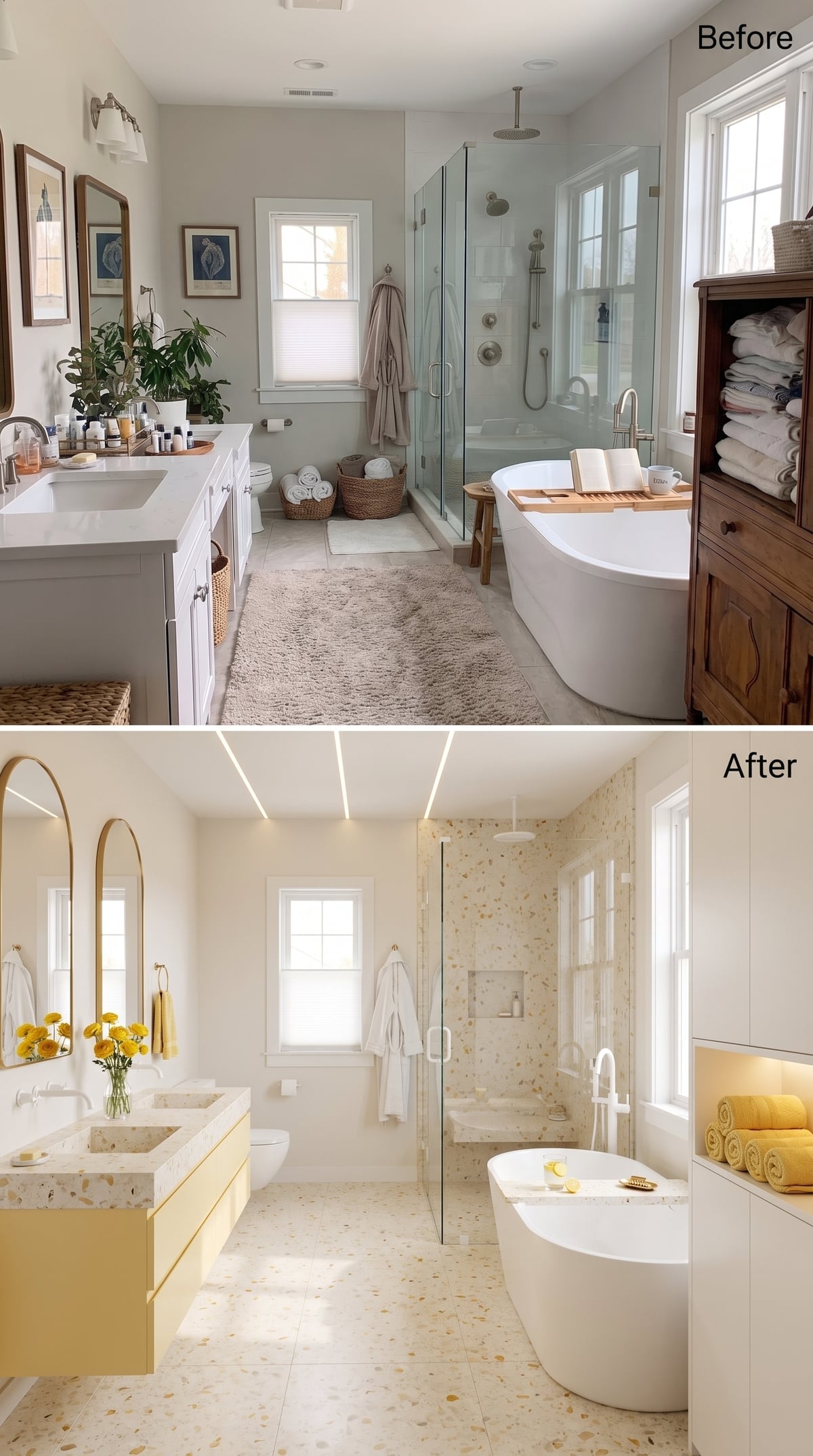 Before-and-after terrazzo bathroom with matte yellow vanity and linear ceiling lights