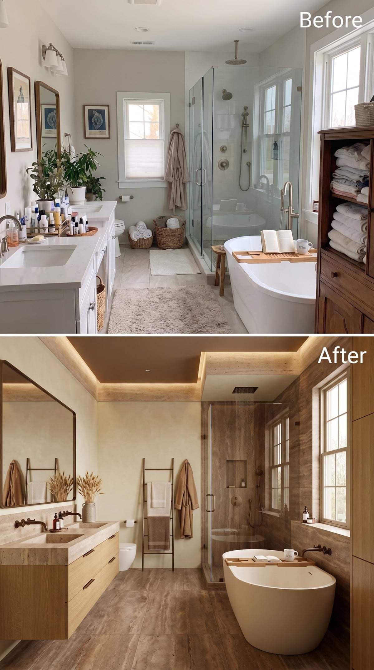 Before-and-after travertine bathroom with pale oak floating vanity and bronze fixtures