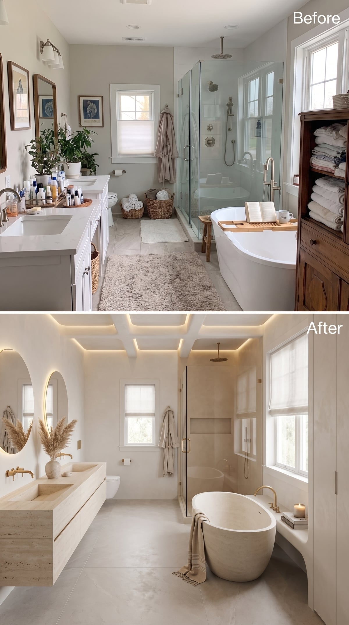 Before-and-after bathroom with travertine vanity, illuminated mirrors, and gold-trimmed coffered ceiling
