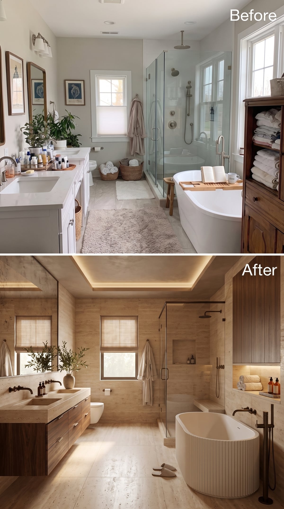 Before-and-after travertine bathroom with fluted tub and coffered illuminated ceiling