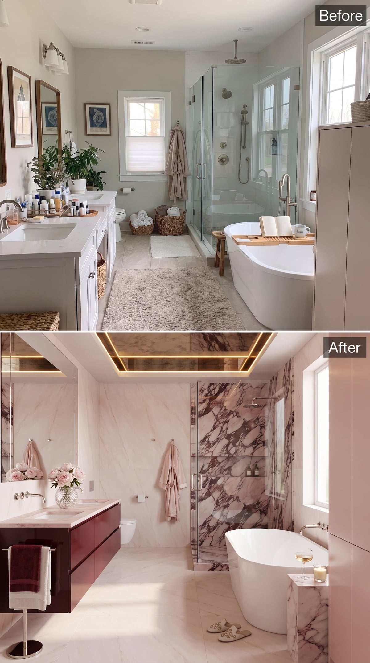 Before-and-after bathroom with Calacatta Viola marble and burgundy floating vanity