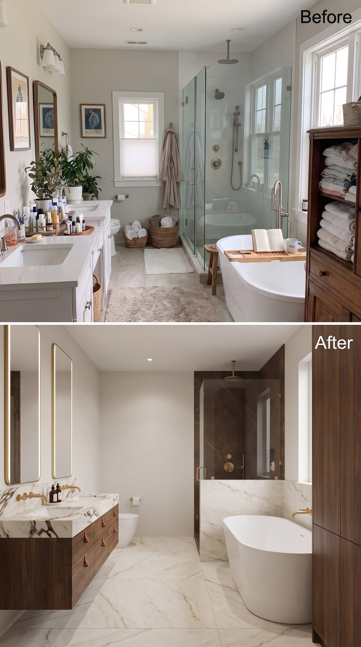Before-and-after bathroom with walnut floating vanity, Calacatta marble, and brass fixtures