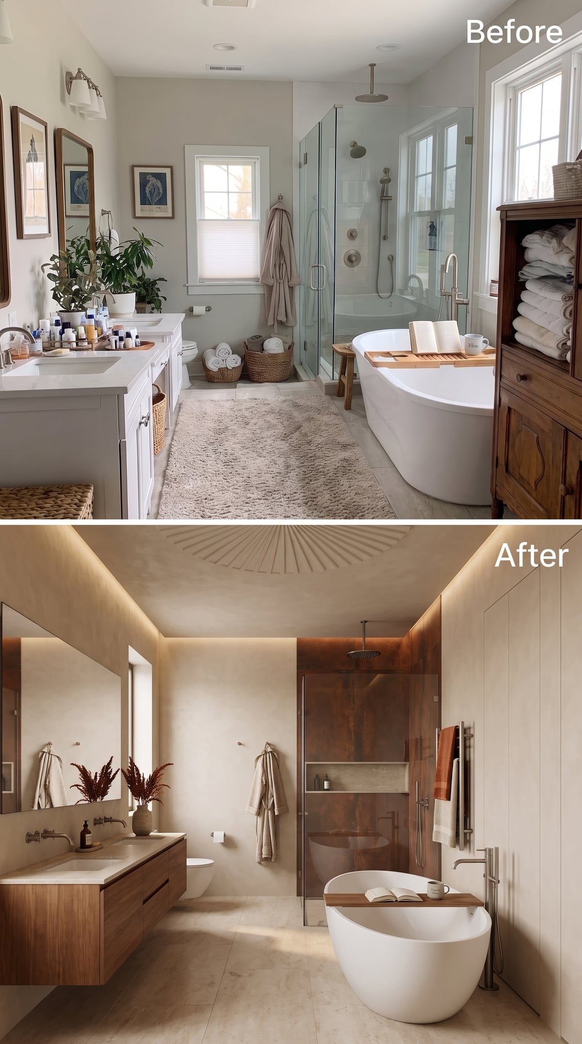 Before-and-after bathroom with walnut vanity, limewash walls, and illuminated ceiling