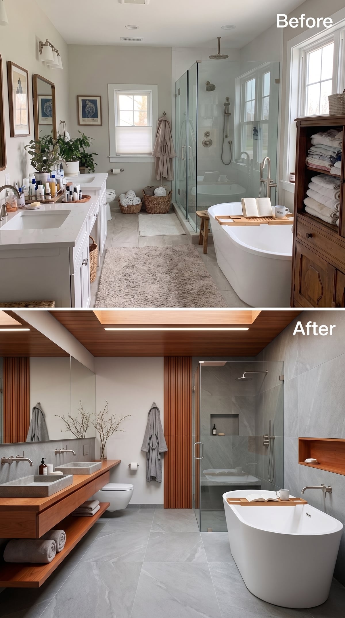 Before-and-after bathroom with cedar ceiling, slatted timber wall, and concrete vessel sinks