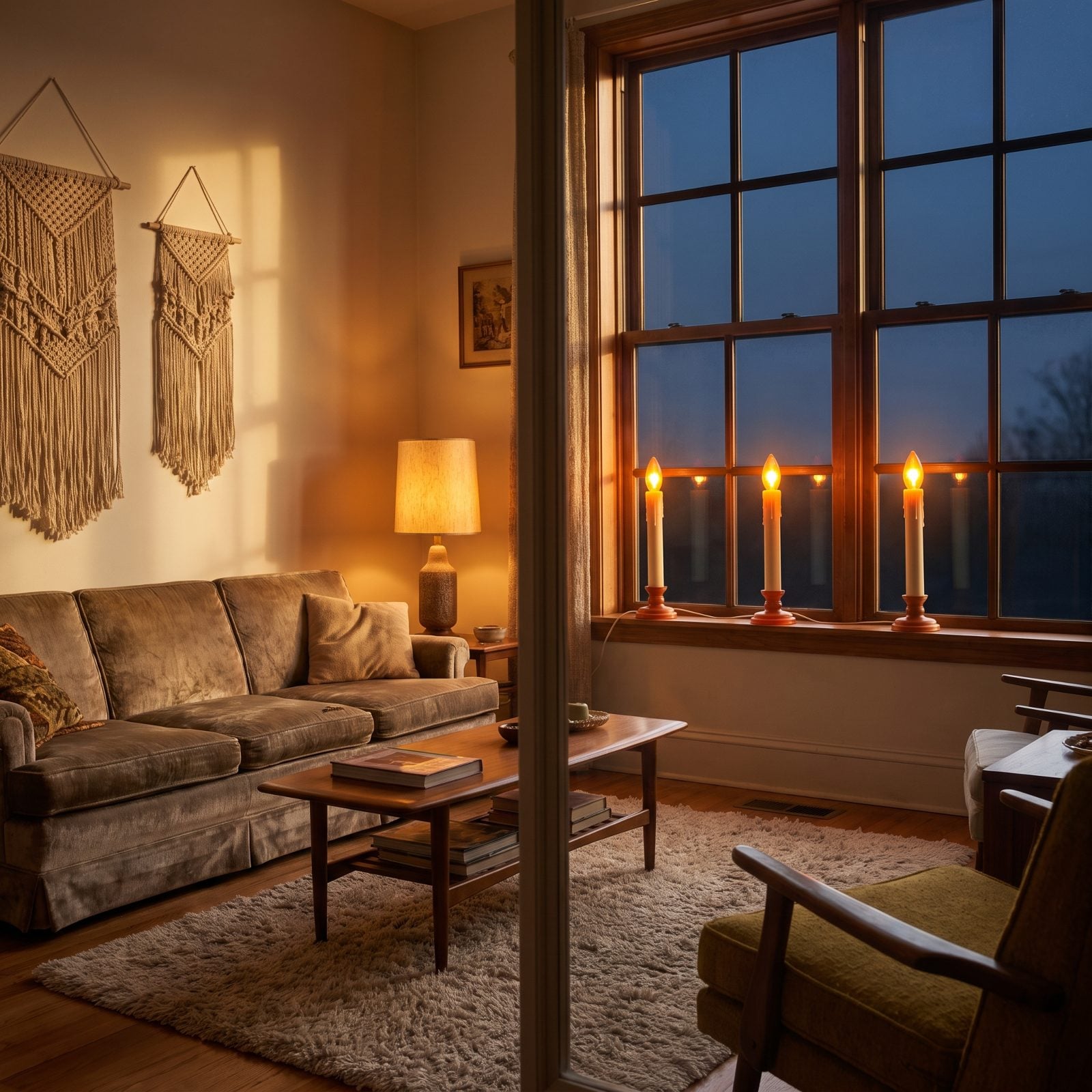 Candle-Shaped Window Lights With Orange Bulbs