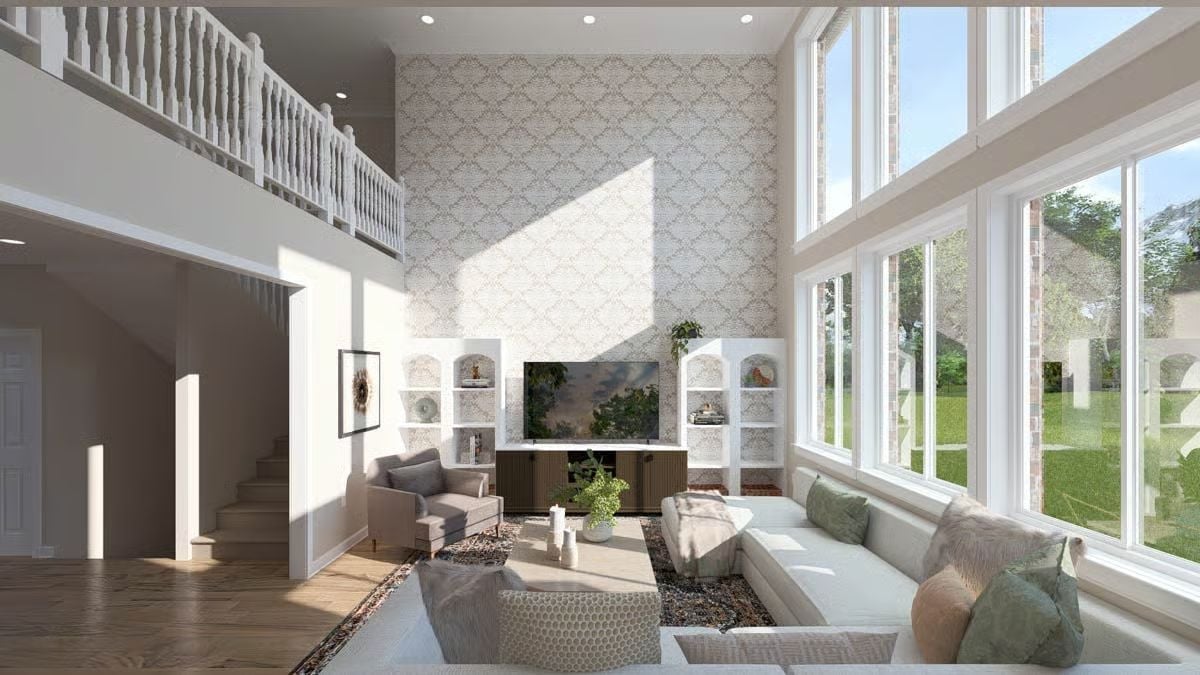 Double-Height Living Room Earns Every Square Foot of That Wallpapered Accent Wall