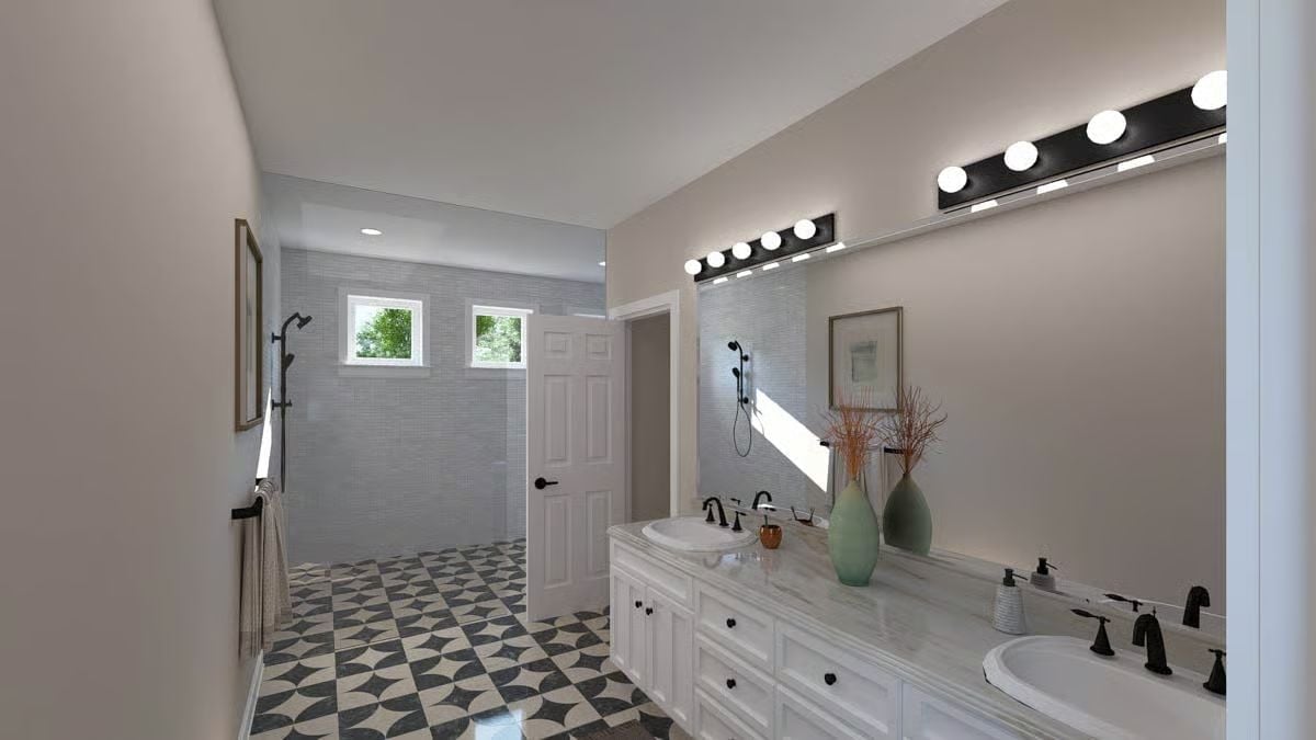 Hollywood Vanity Strip Over Double Sinks Pulls Focus Without Apologizing for It