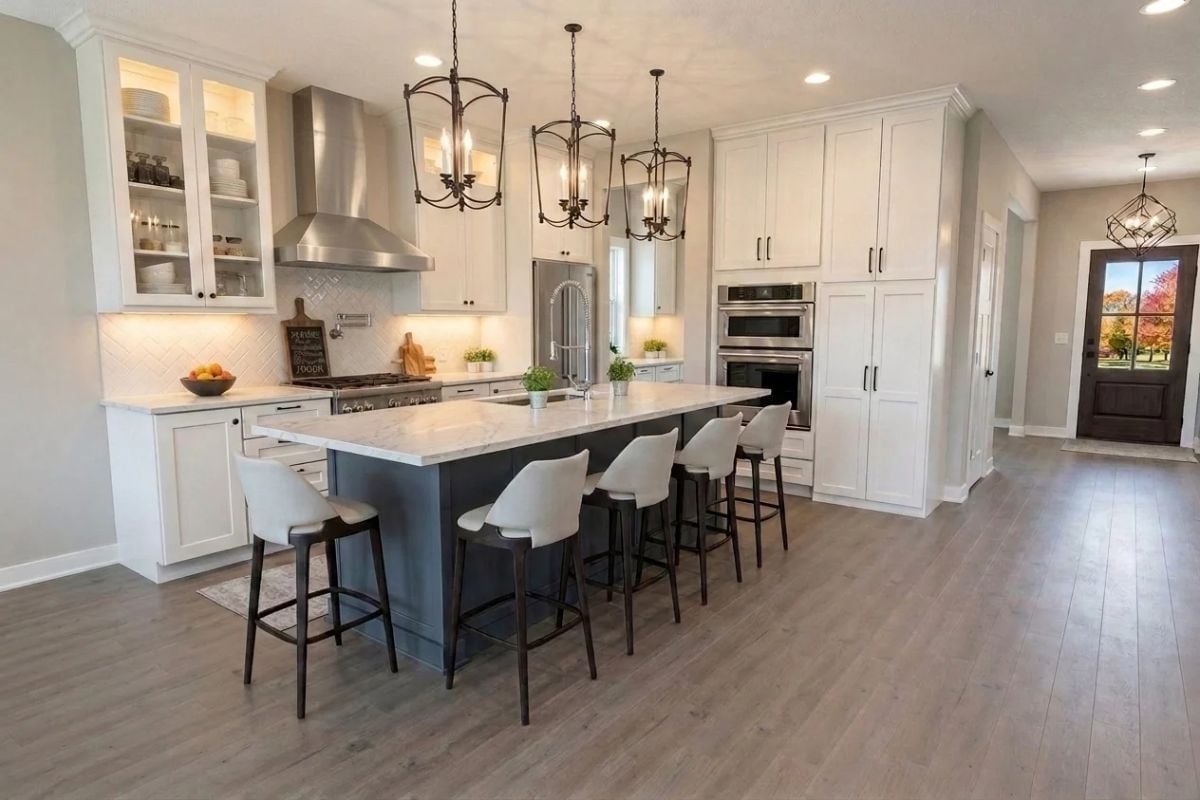 Marble-Top Island with Seating for Four and a Range Hood That Means Business