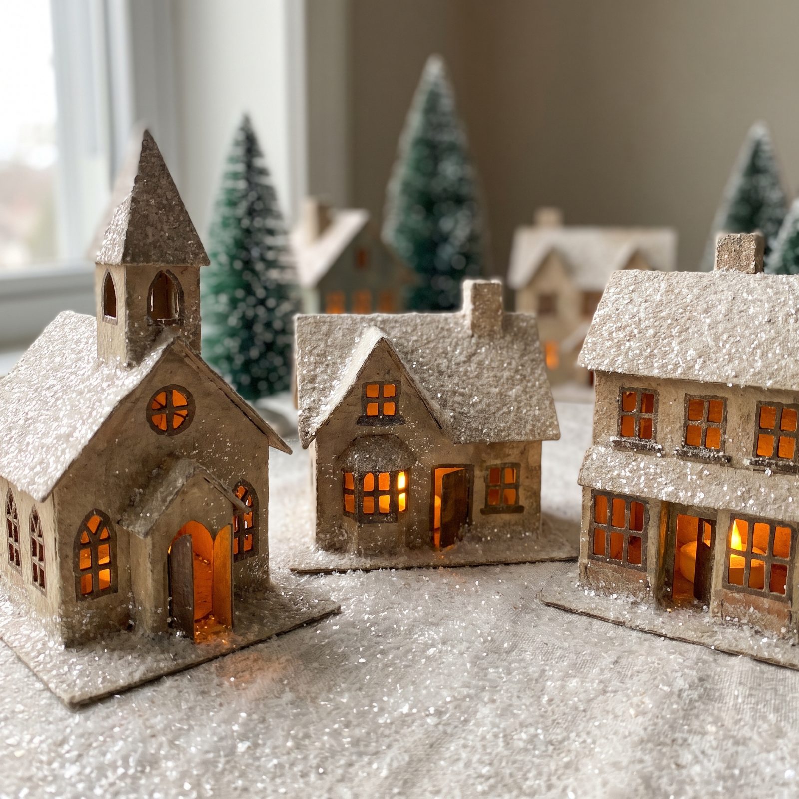 A Cardboard Christmas Village Dusted With Mica Snow