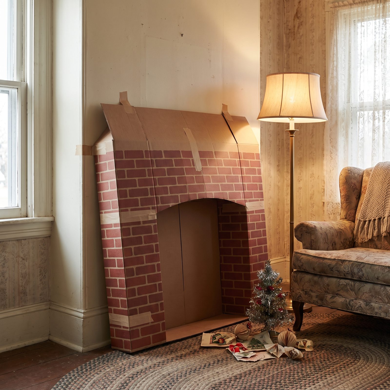 A Cardboard Fireplace Put Up Just for Christmas