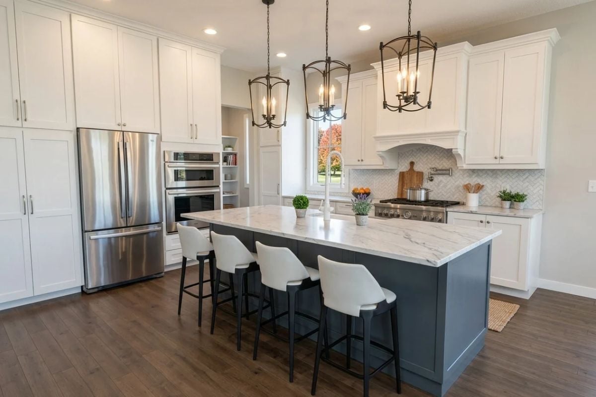 Gray Island Base and Marble Countertop Do the Work White Cabinets Can't