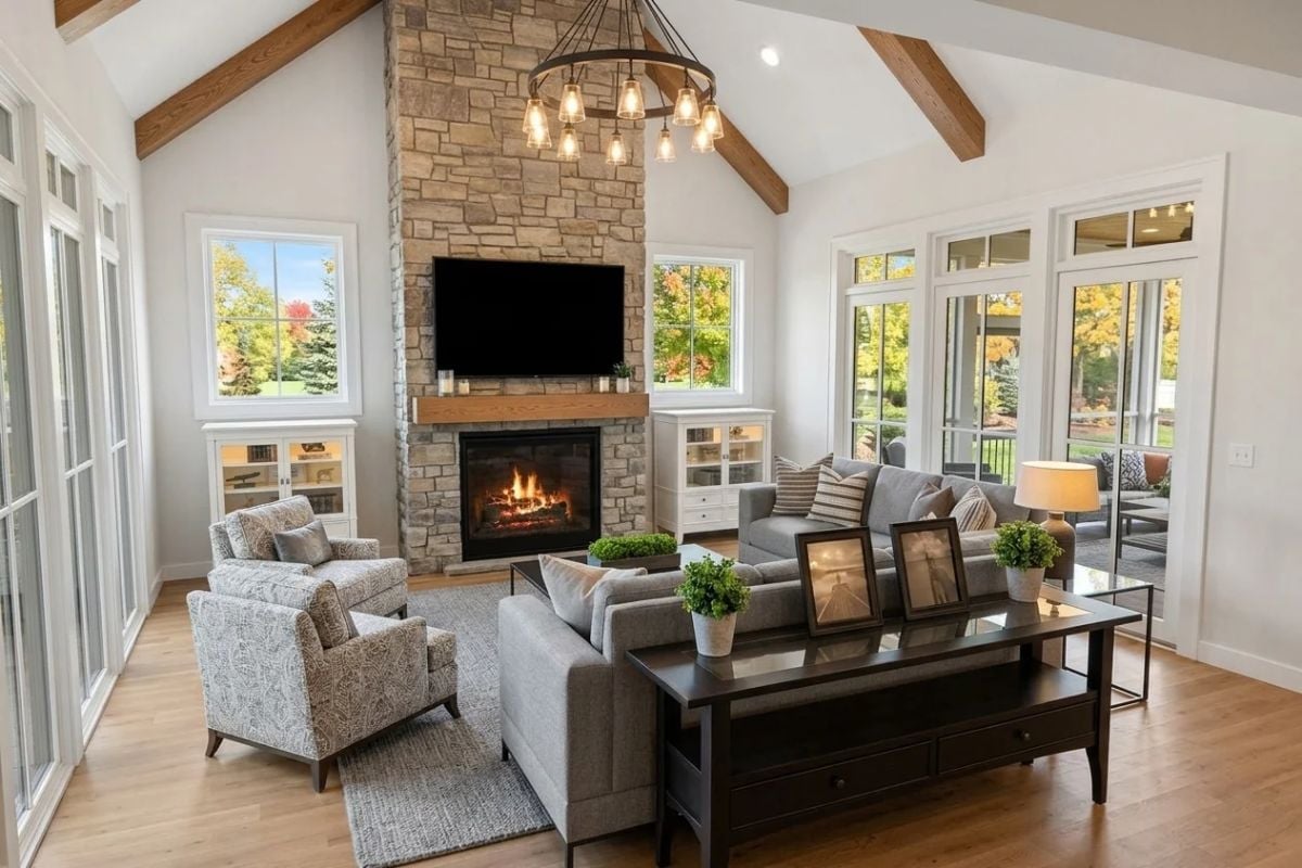 Stone Fireplace Tall Enough to Anchor a Vaulted Ceiling Without Trying Too Hard
