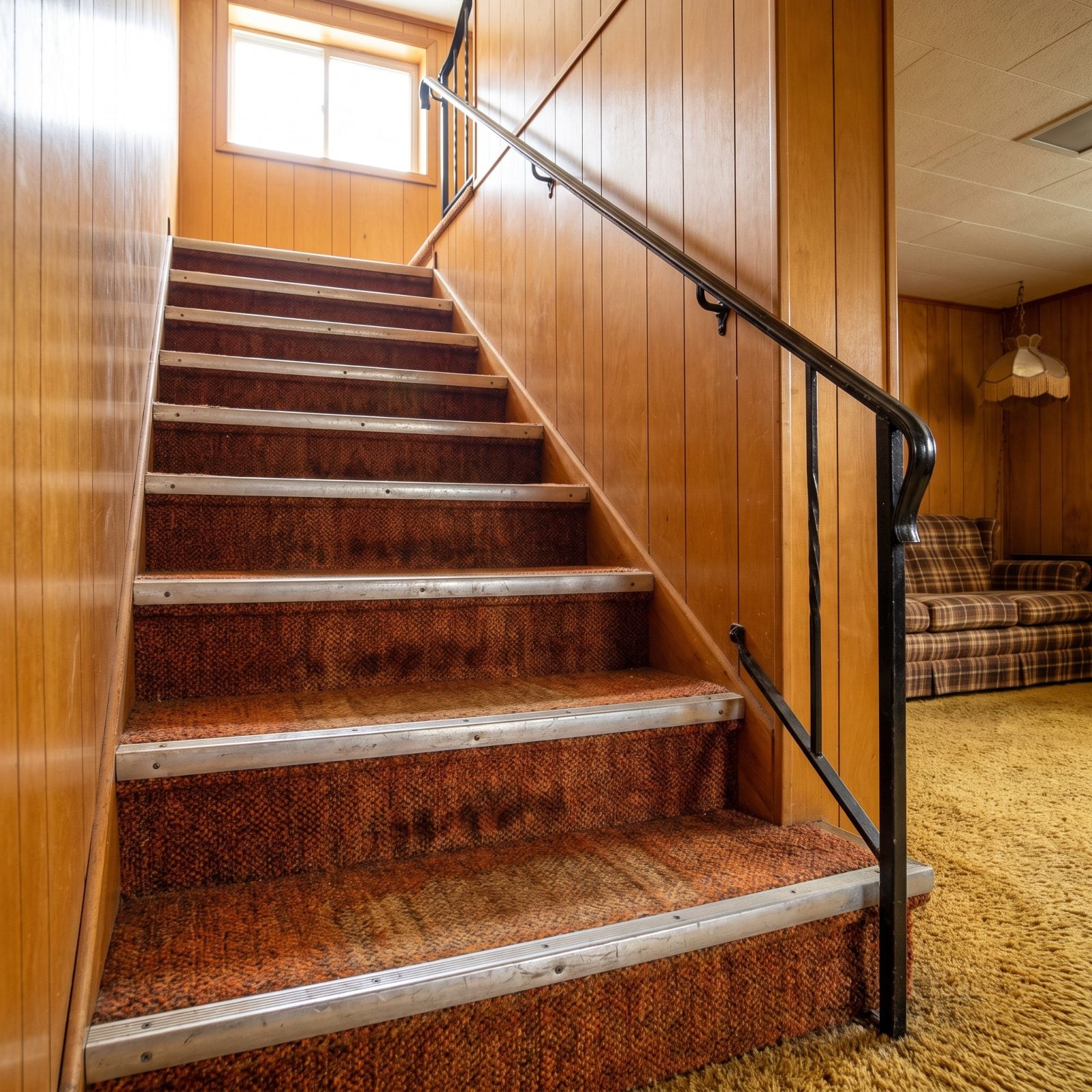 Carpeted Basement Steps With a Metal Edge Strip