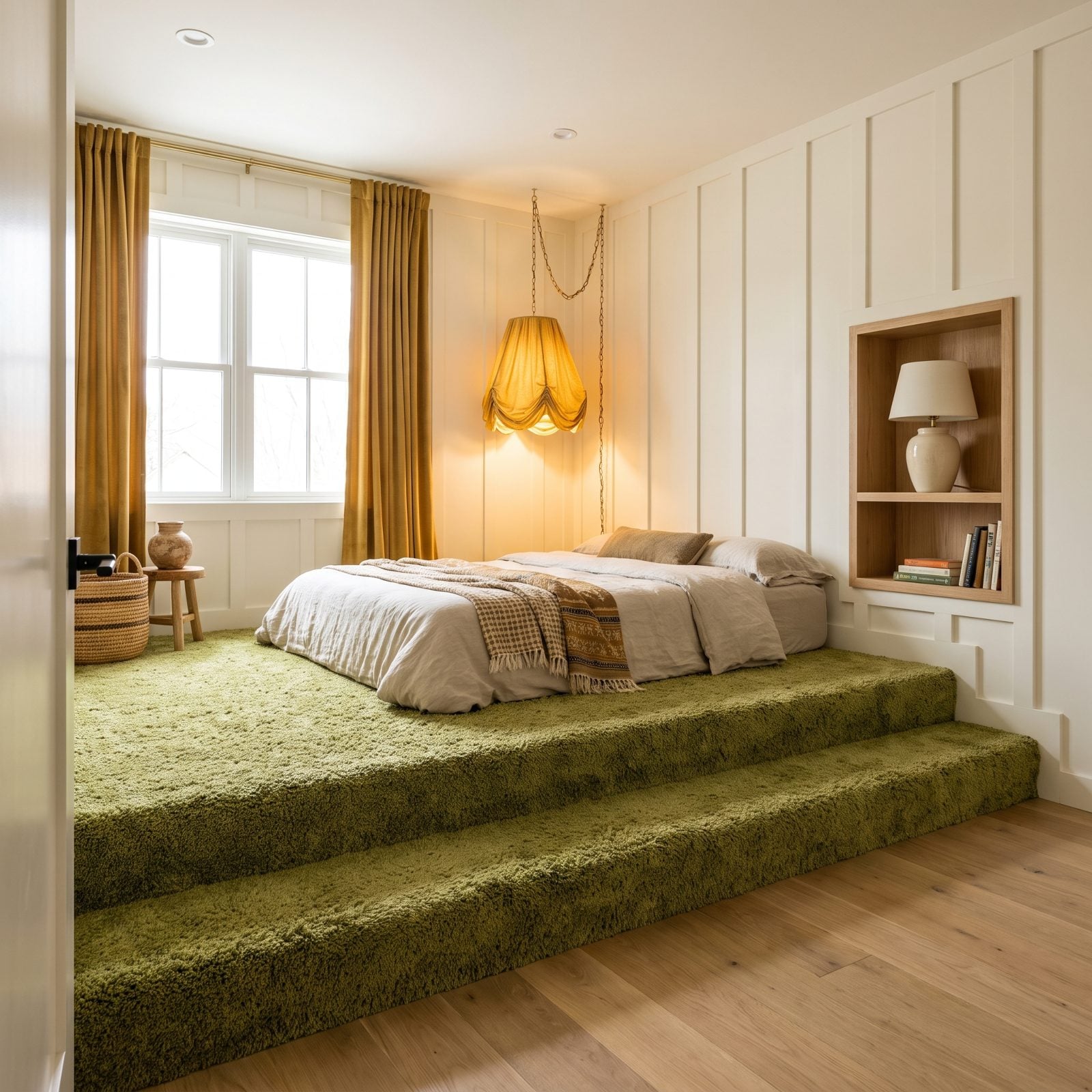 A Carpeted, Multi-Level Platform Surrounding the Bed