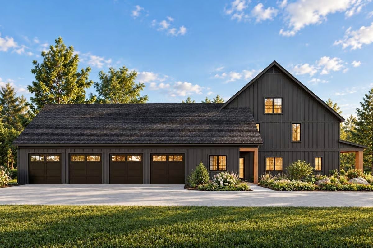 Dark Exterior Done Right: Four-Car Garage Meets Farmhouse Gable