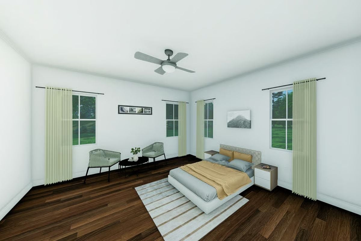 Pale Curtains, Gold Bedding, and Enough Floor Space to Actually Breathe