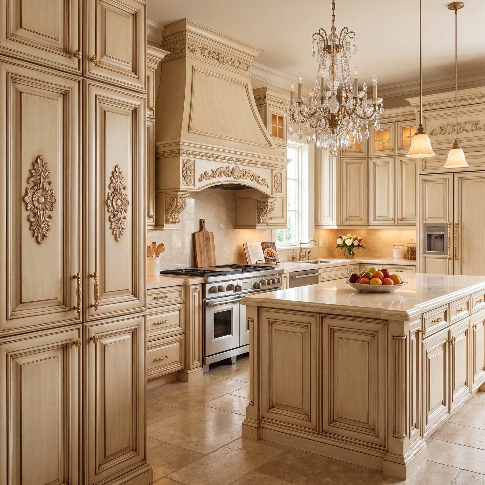 Kitchen with carved or ornamental cabinet doors: Carved ornamental doors in antique cream with a carved range hood and crystal chandelier.