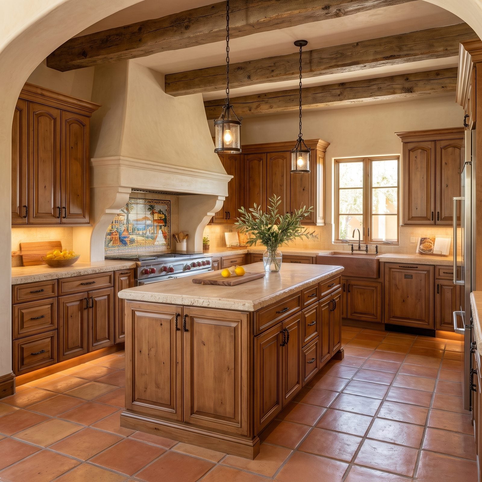 Kitchen with cathedral raised panel cabinet doors: Cathedral raised-panel doors in stained alder with travertine counters and a terracotta floor.