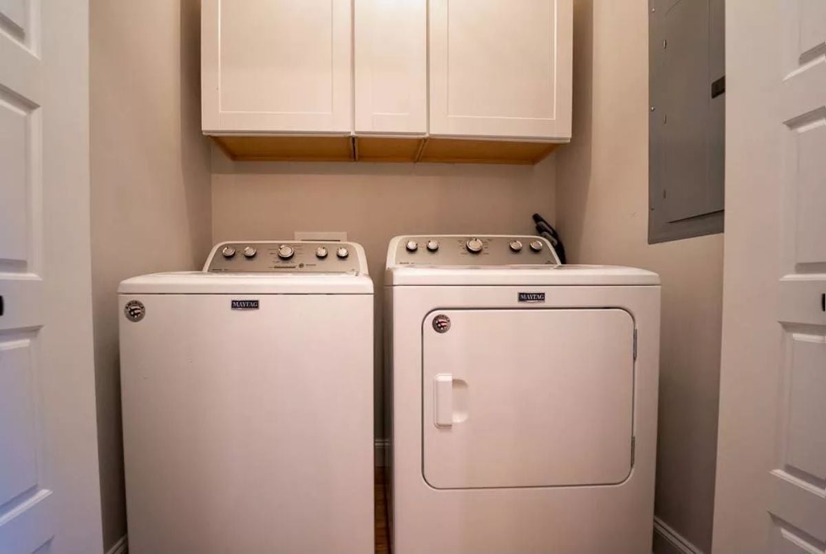 Maytag Side-by-Side in a Laundry Nook That Actually Has Storage